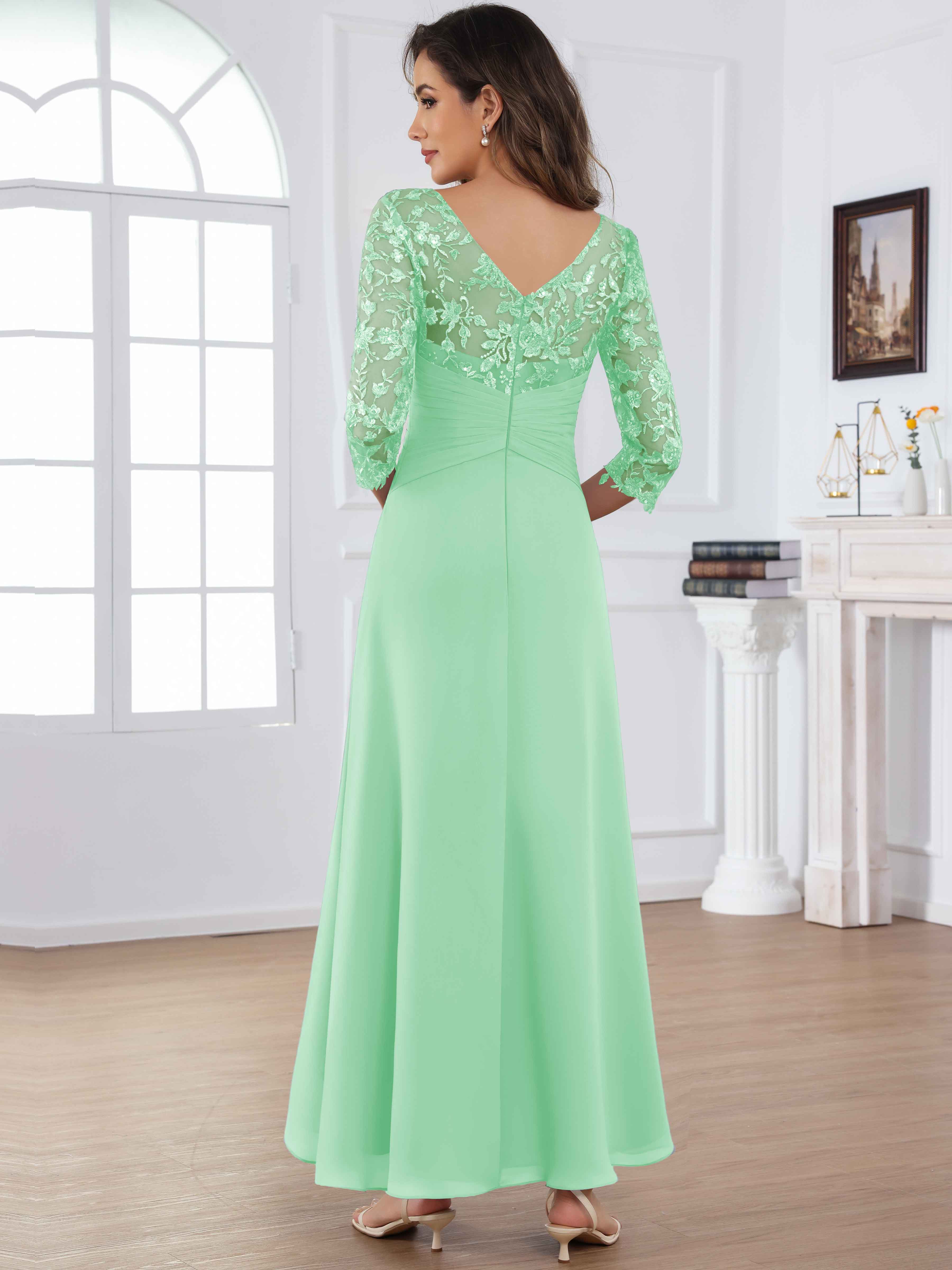 ROVDESY Tea Length Lace Chiffon Mother of The Bride Dress with 3/4 Sleeves