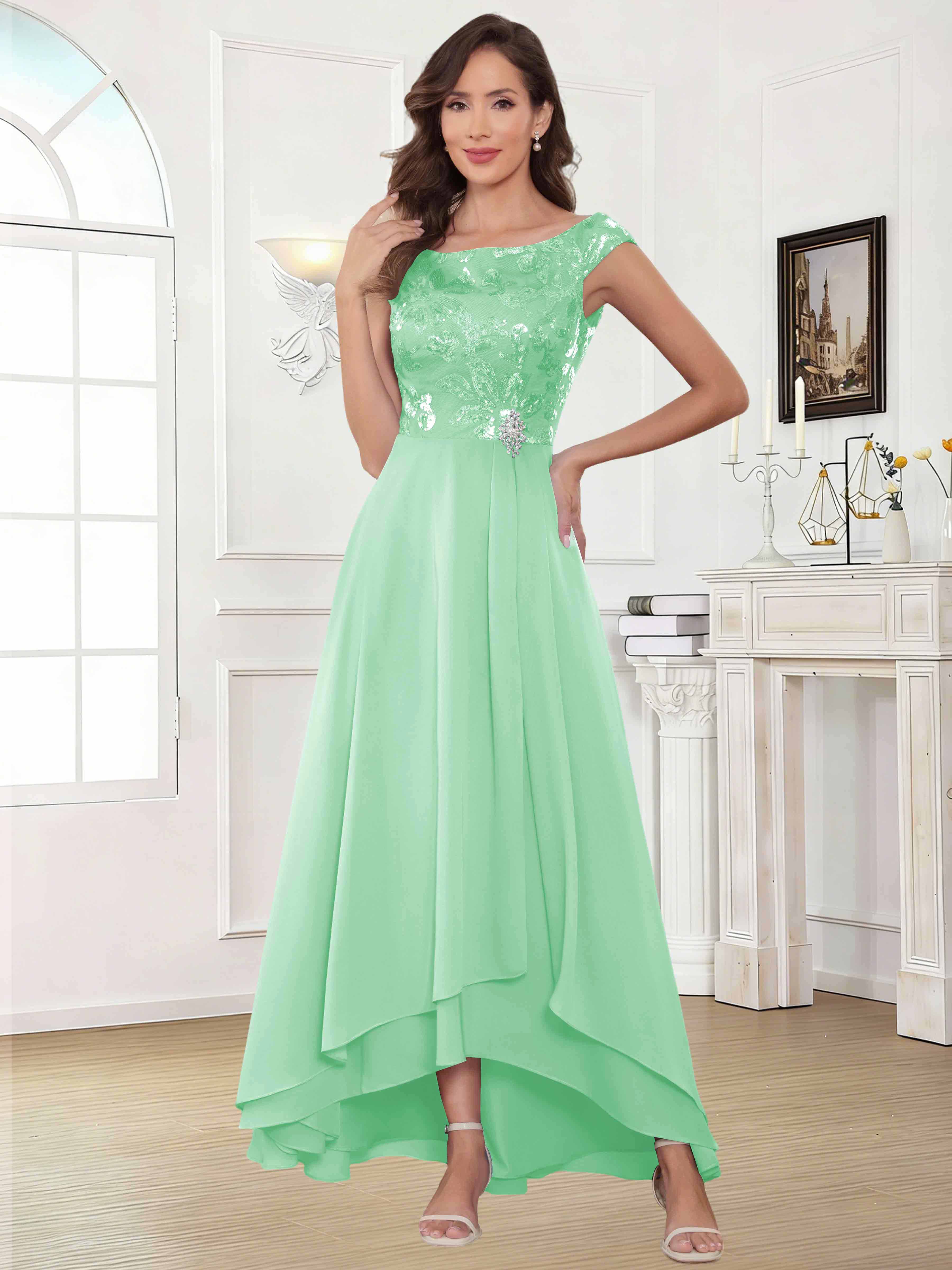 ROVDESY Tea Length Off-The-Shoulder Sequin Chiffon Mother Of The Bride Dress