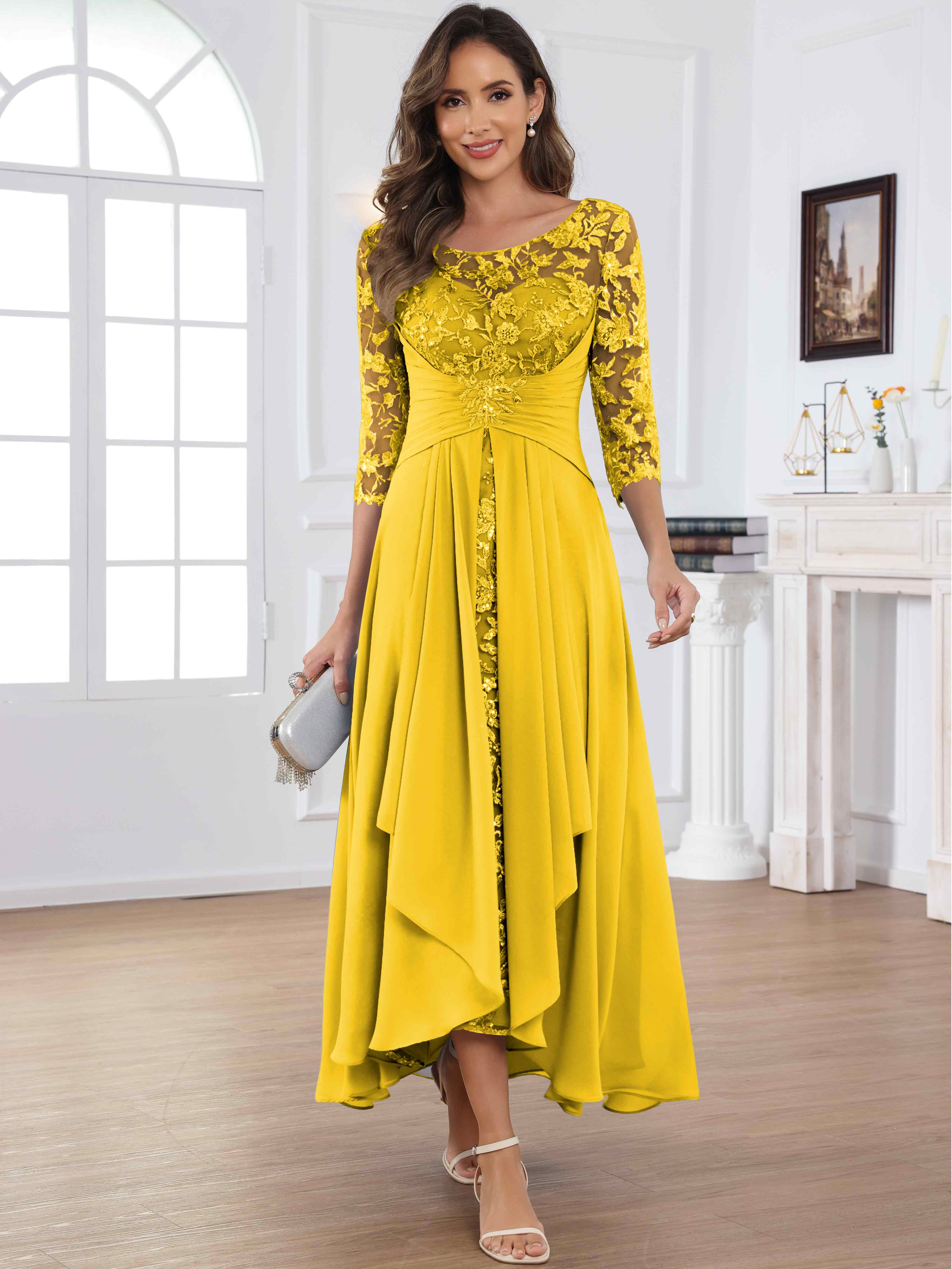 ROVDESY Tea Length Lace Chiffon Mother of The Bride Dress with 3/4 Sleeves