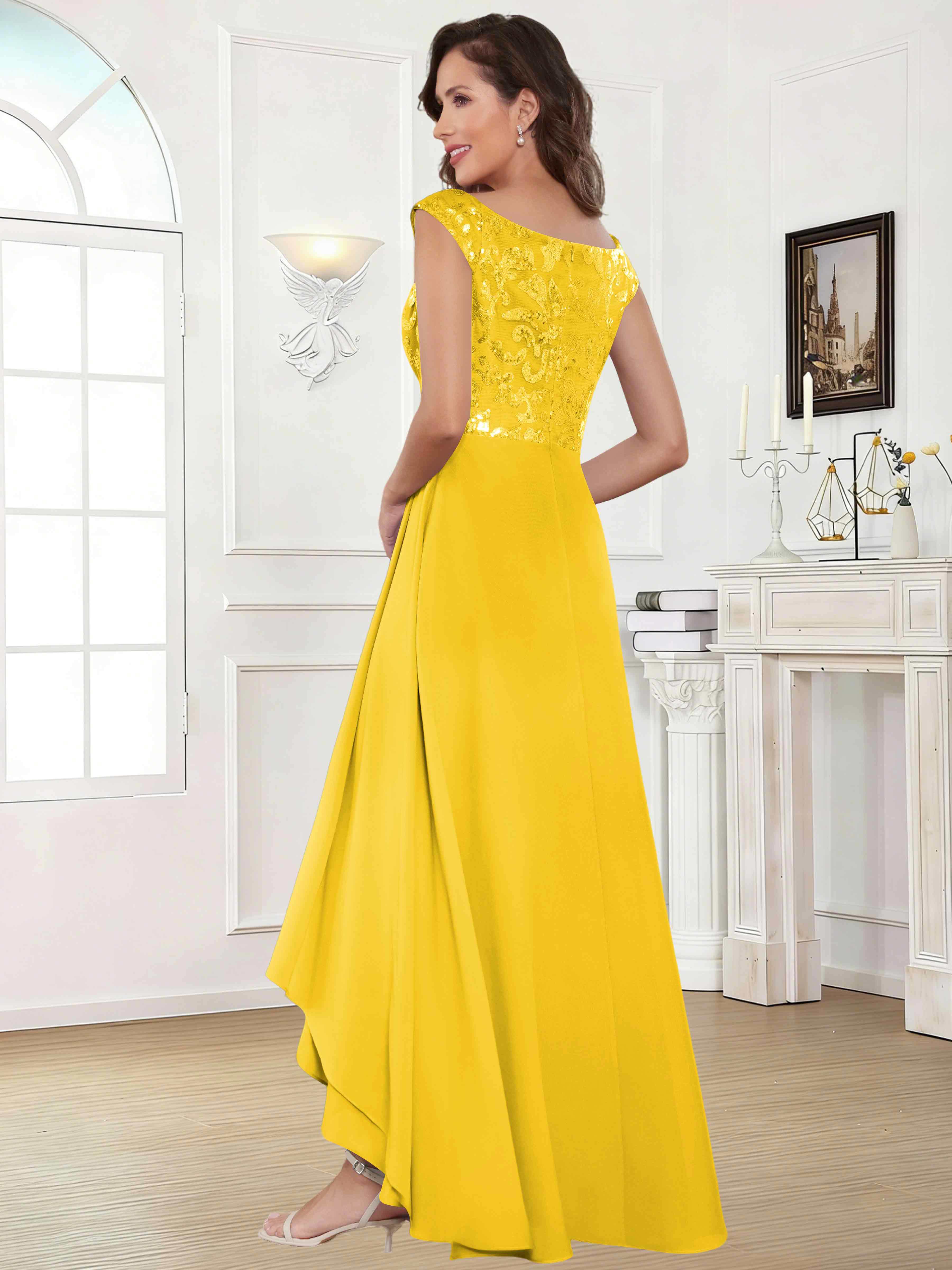ROVDESY Tea Length Off-The-Shoulder Sequin Chiffon Mother Of The Bride Dress