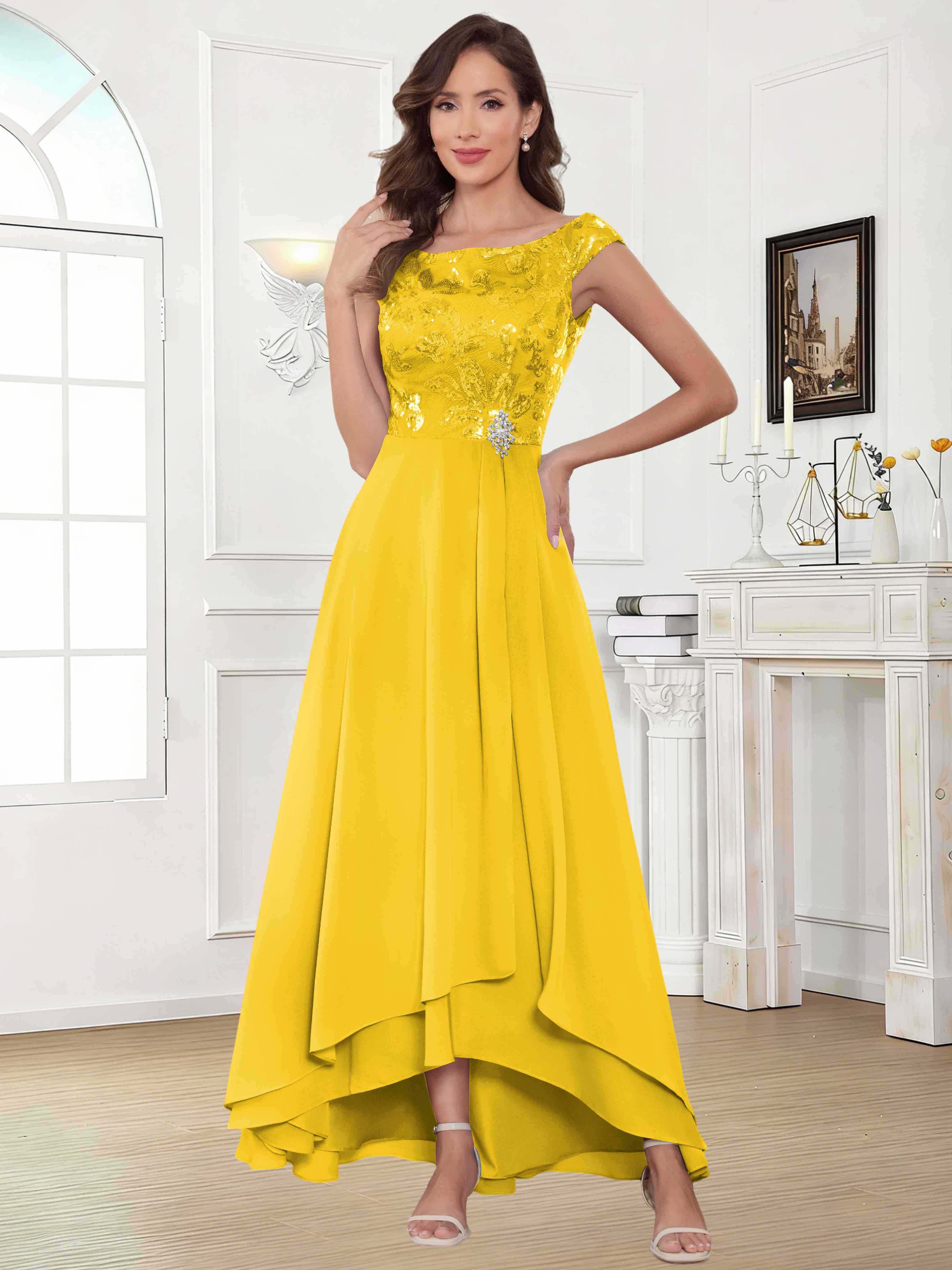 ROVDESY Tea Length Off-The-Shoulder Sequin Chiffon Mother Of The Bride Dress