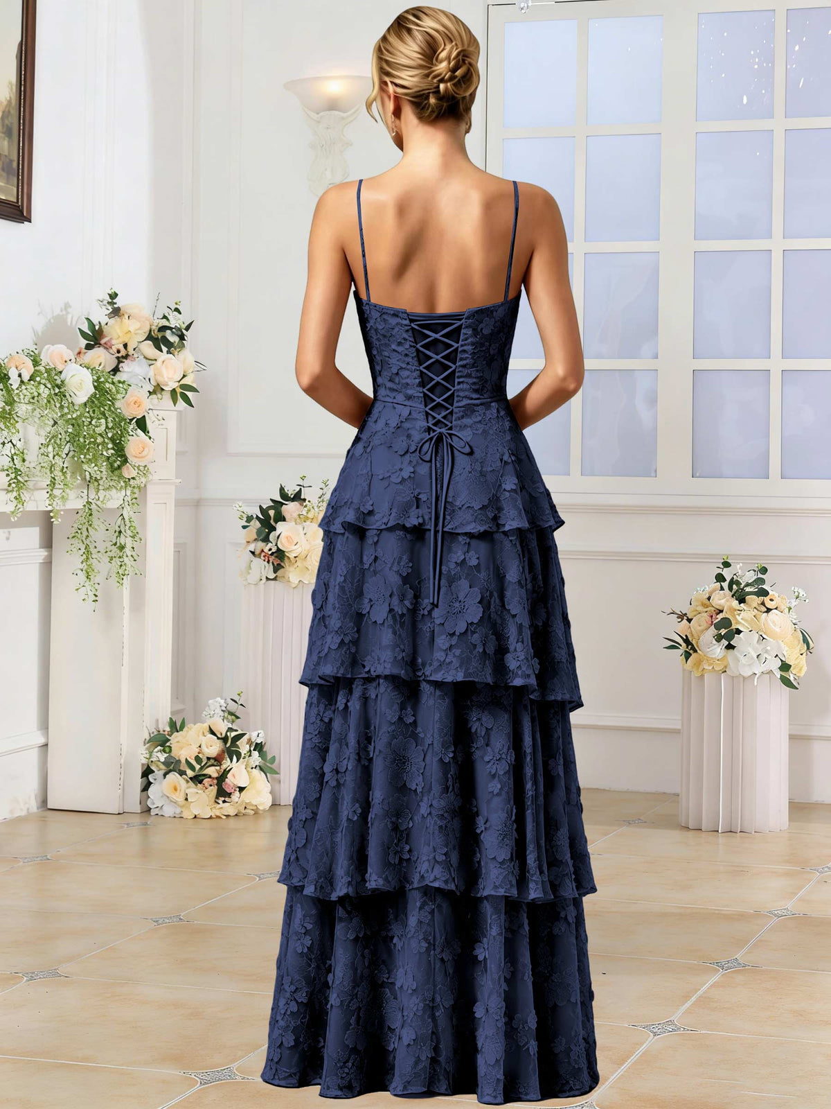 Spaghetti Strap 3D Floral Tiered Tulle Formal Prom Dress