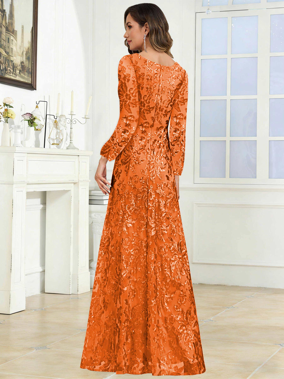 Crew Neck Sequin Lace Long Sleeve Mother of the Bride Dress