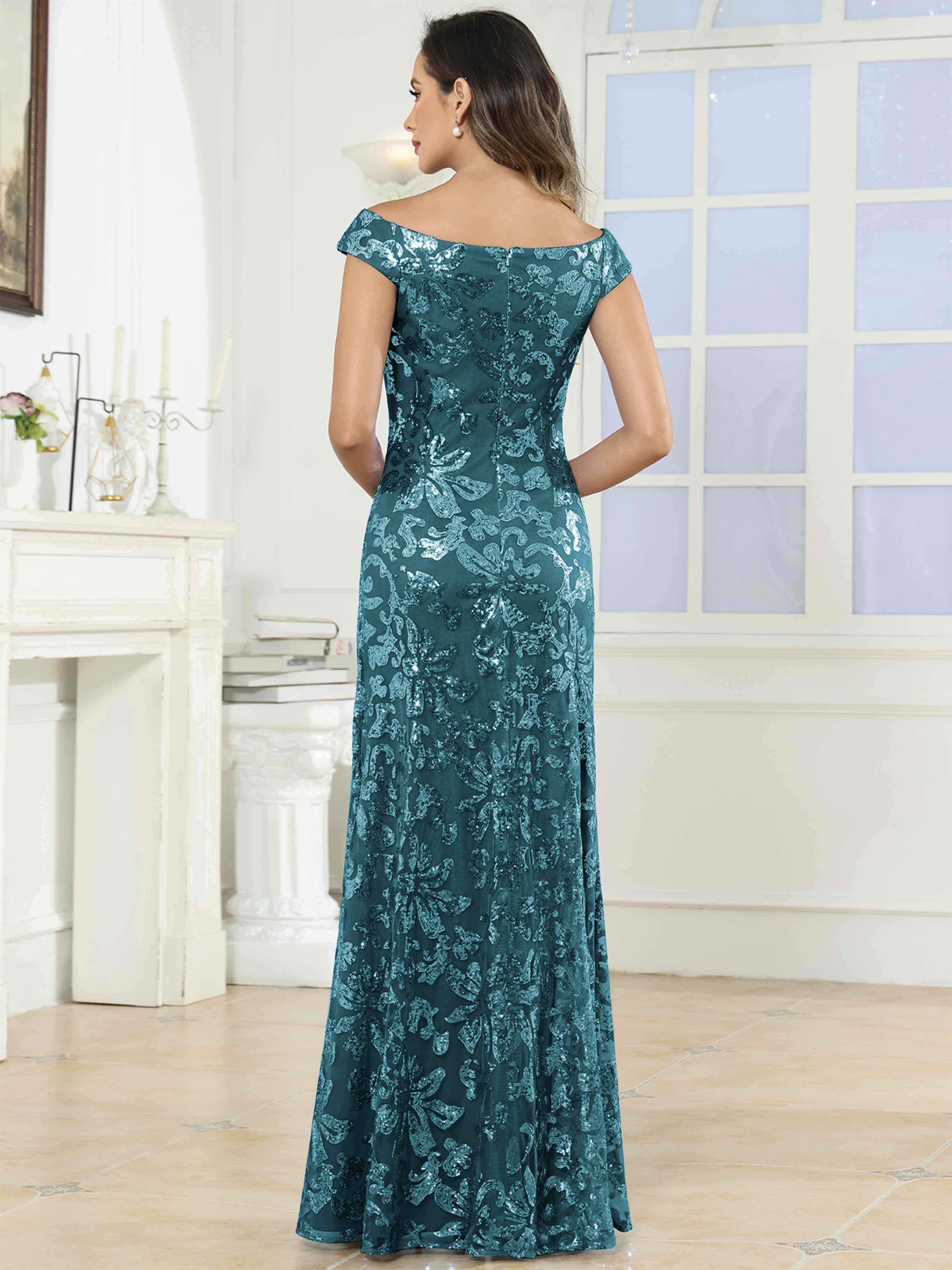 ROVDESY Off-The-Shoulder Mermaid Sequin Mother Of The Bride Dress Formal Gown