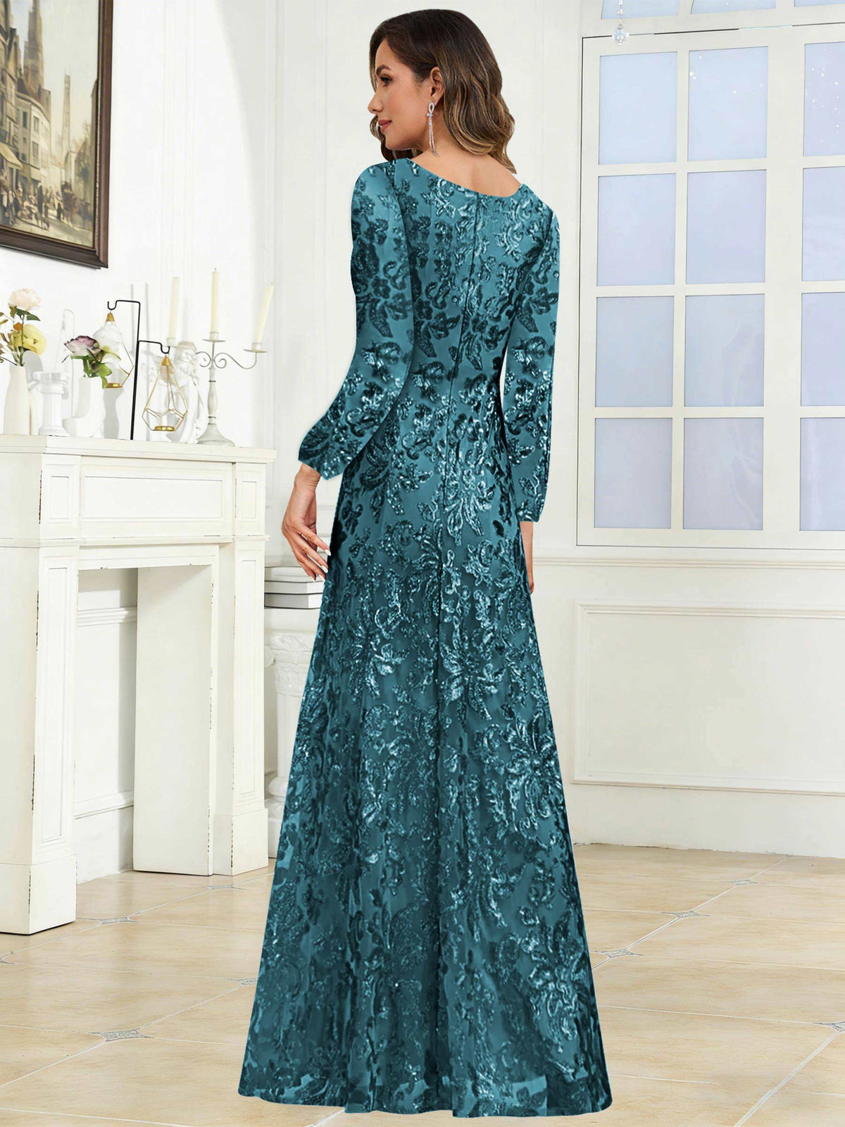 Crew Neck Sequin Lace Long Sleeve Mother of the Bride Dress