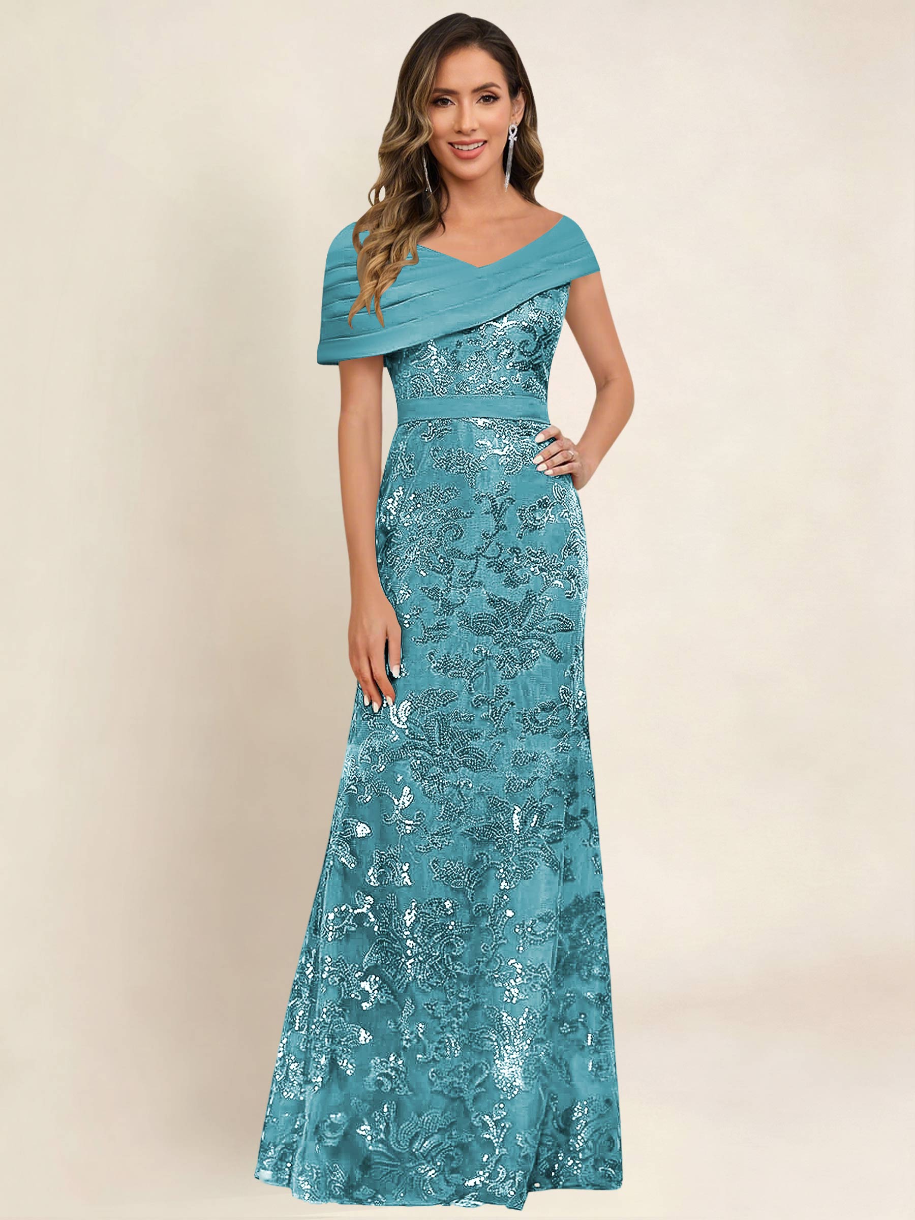 ROVDESY Off the Shoulder Sequin Mermaid Long Mother Of The Bride Dress Formal Gown