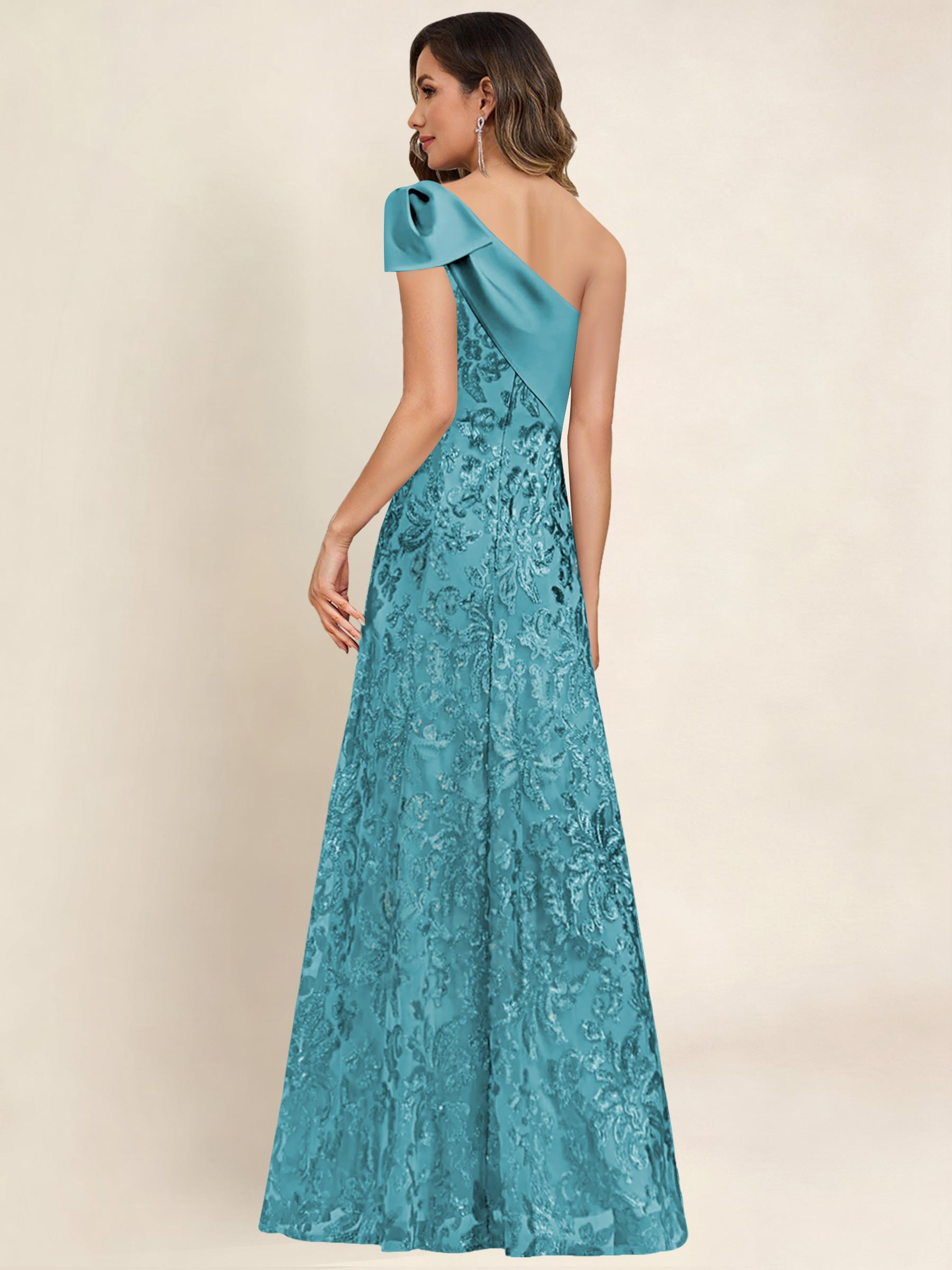 ROVDESY One Shoulder Sequin Mermaid Long Mother Of The Bride Dress Formal Gown With Bow