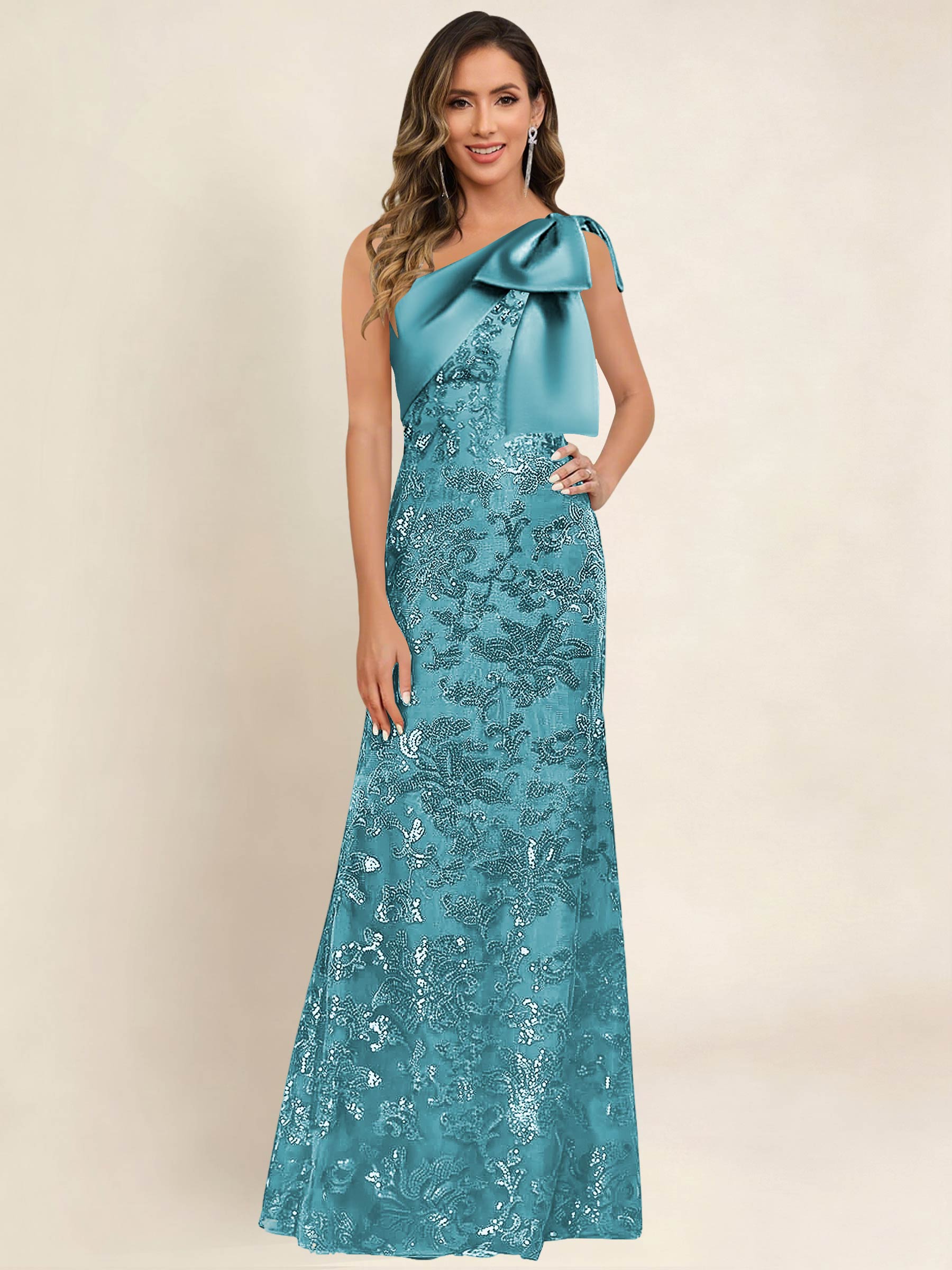 ROVDESY One Shoulder Sequin Mermaid Long Mother Of The Bride Dress Formal Gown With Bow