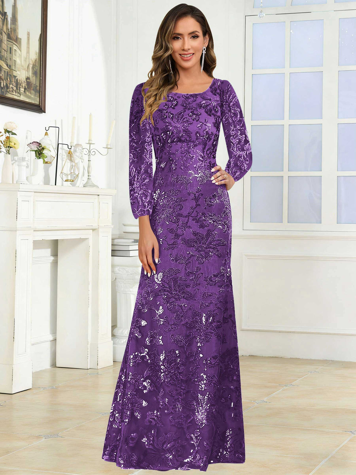 Crew Neck Sequin Lace Long Sleeve Mother of the Bride Dress