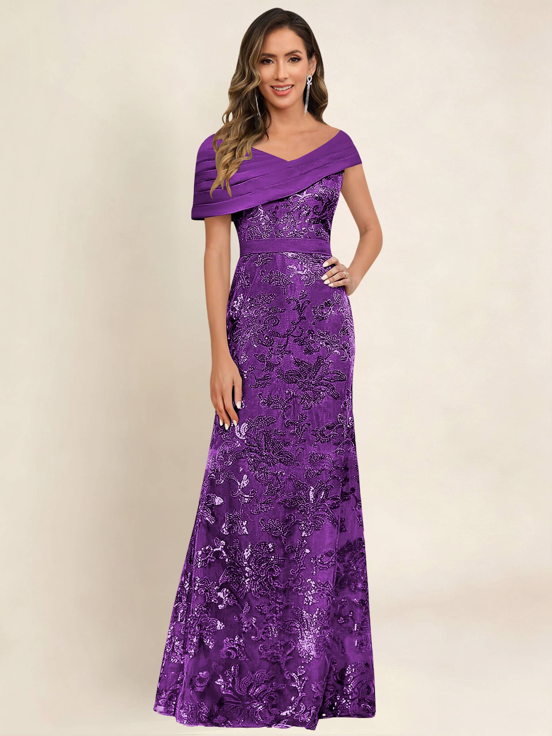 ROVDESY Off the Shoulder Sequin Mermaid Long Mother Of The Bride Dress Formal Gown