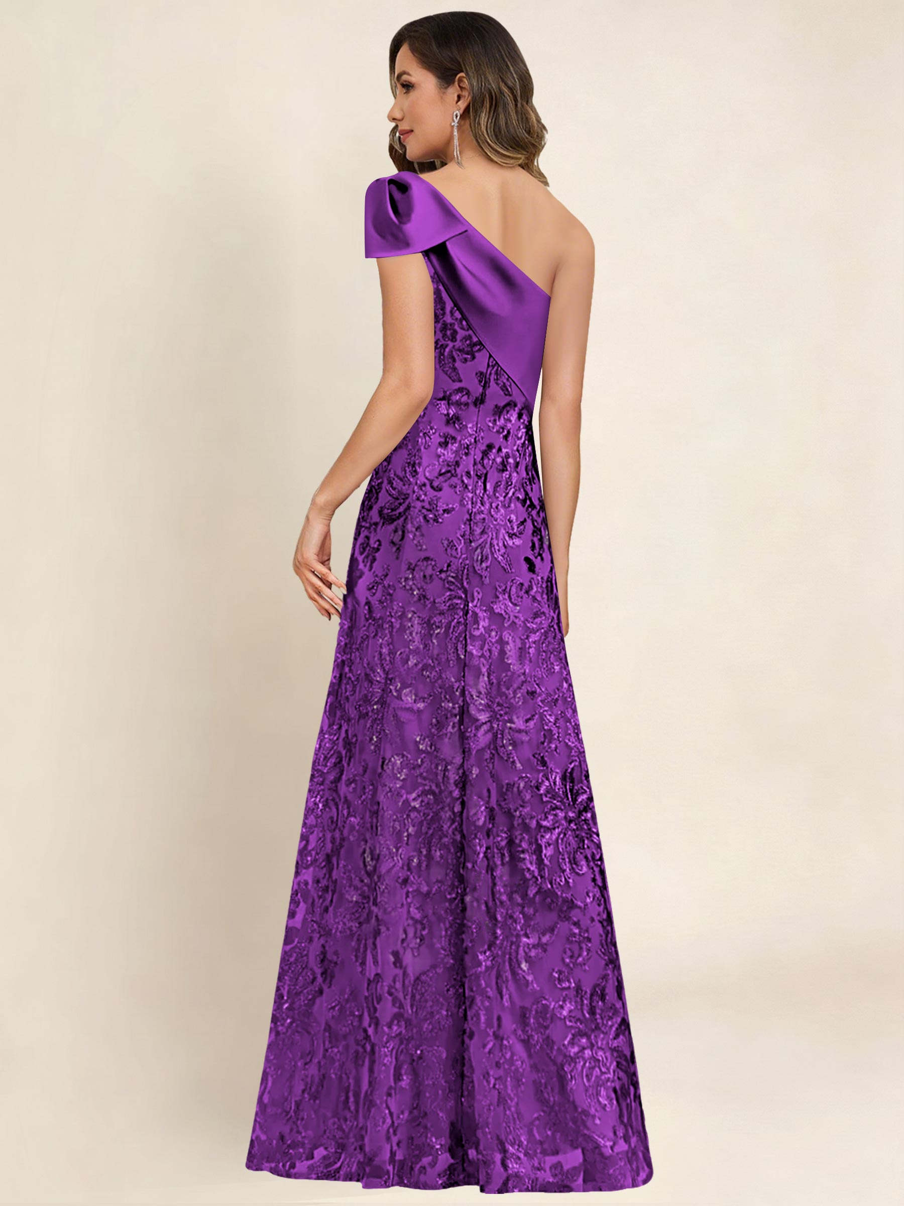 ROVDESY One Shoulder Sequin Mermaid Long Mother Of The Bride Dress Formal Gown With Bow