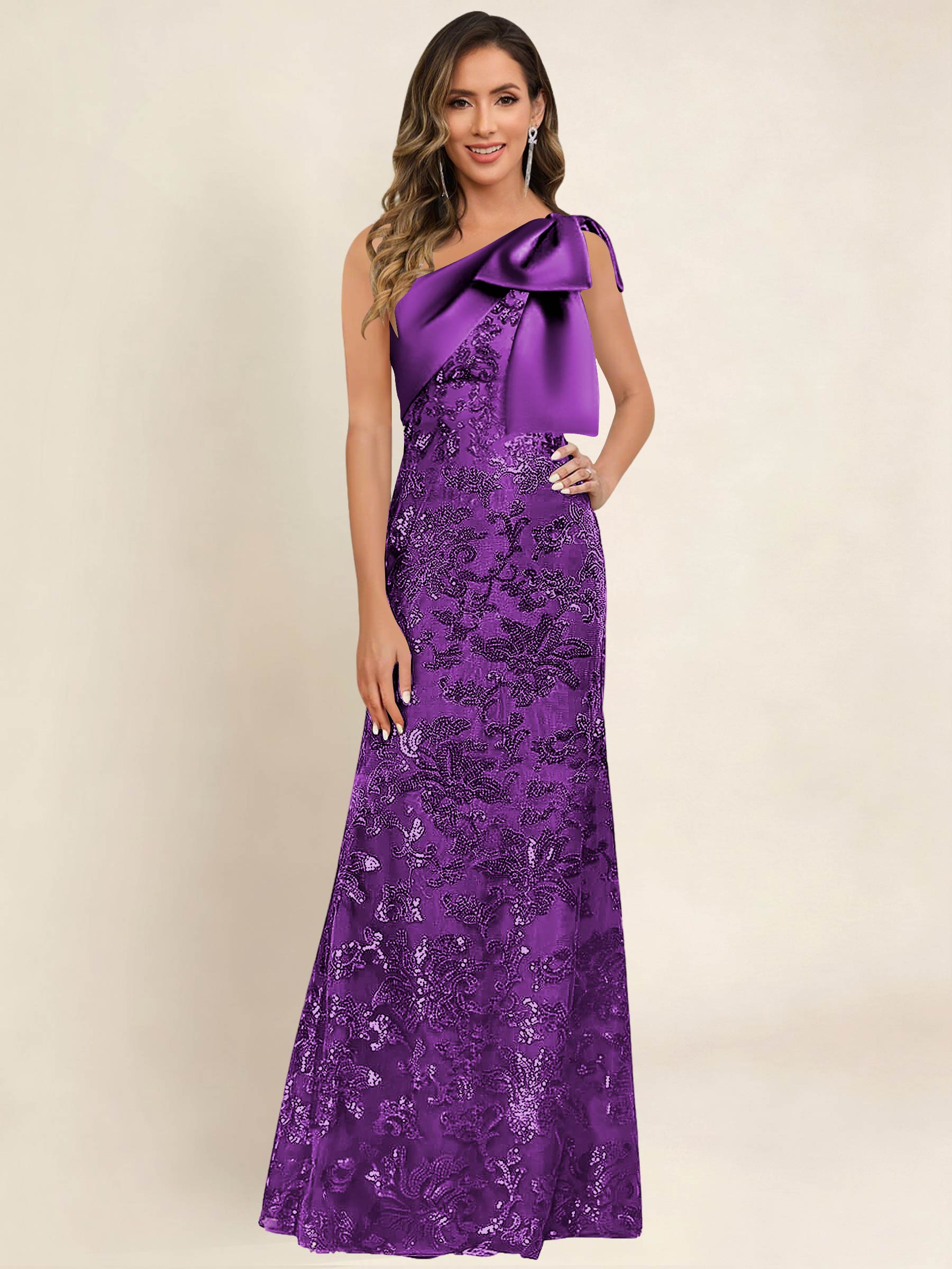 ROVDESY One Shoulder Sequin Mermaid Long Mother Of The Bride Dress Formal Gown With Bow