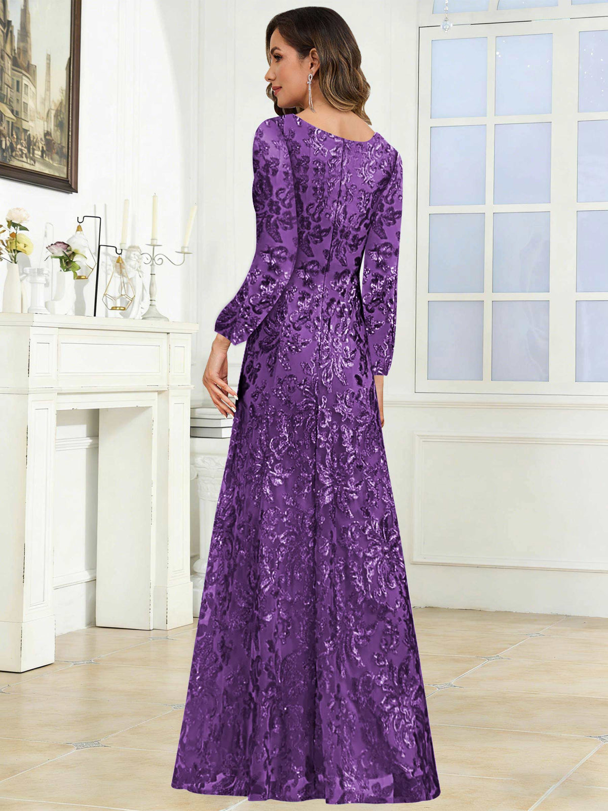 Crew Neck Sequin Lace Long Sleeve Mother of the Bride Dress