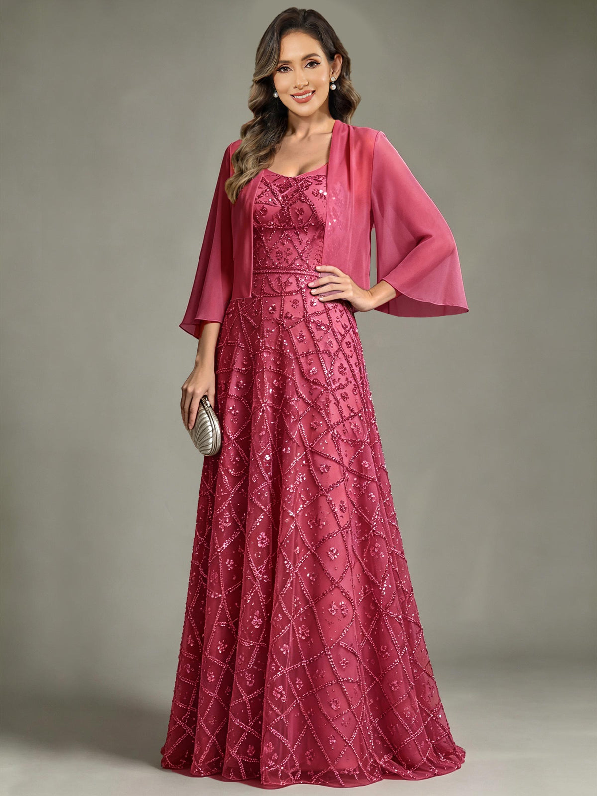 2 Pieces Sequin Long Mother of The Bride Dress with Jacket