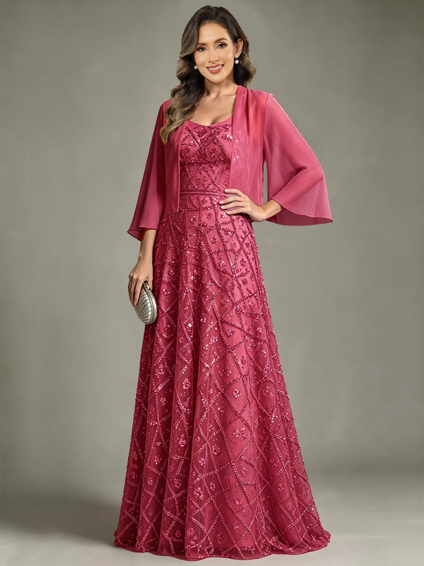 2 Pieces Sequin Long Mother of The Bride Dress with Jacket