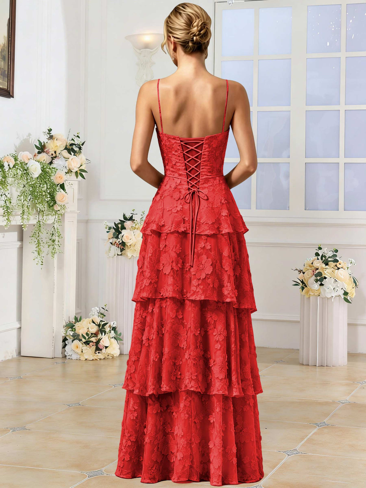 Spaghetti Strap 3D Floral Tiered Tulle Formal Prom Dress