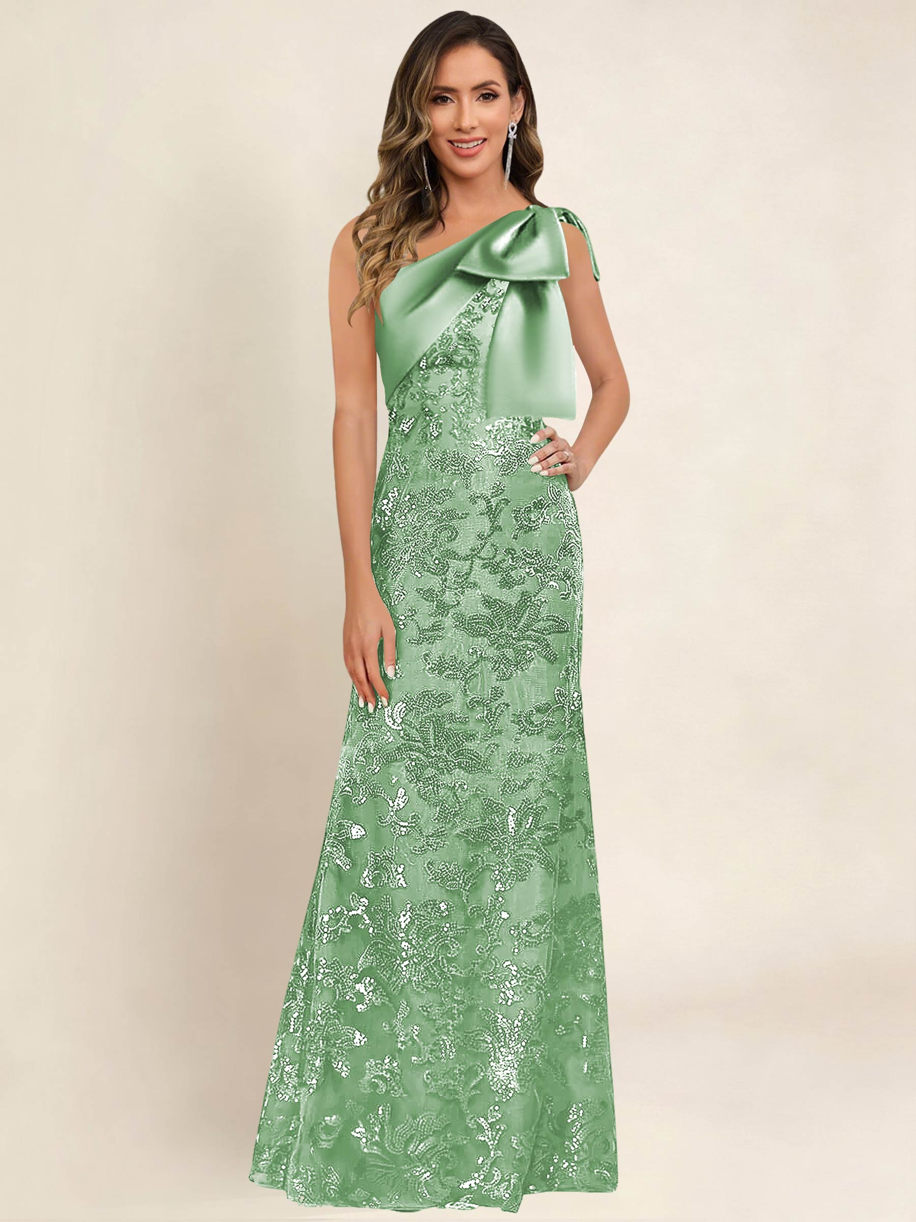 ROVDESY One Shoulder Sequin Mermaid Long Mother Of The Bride Dress Formal Gown With Bow