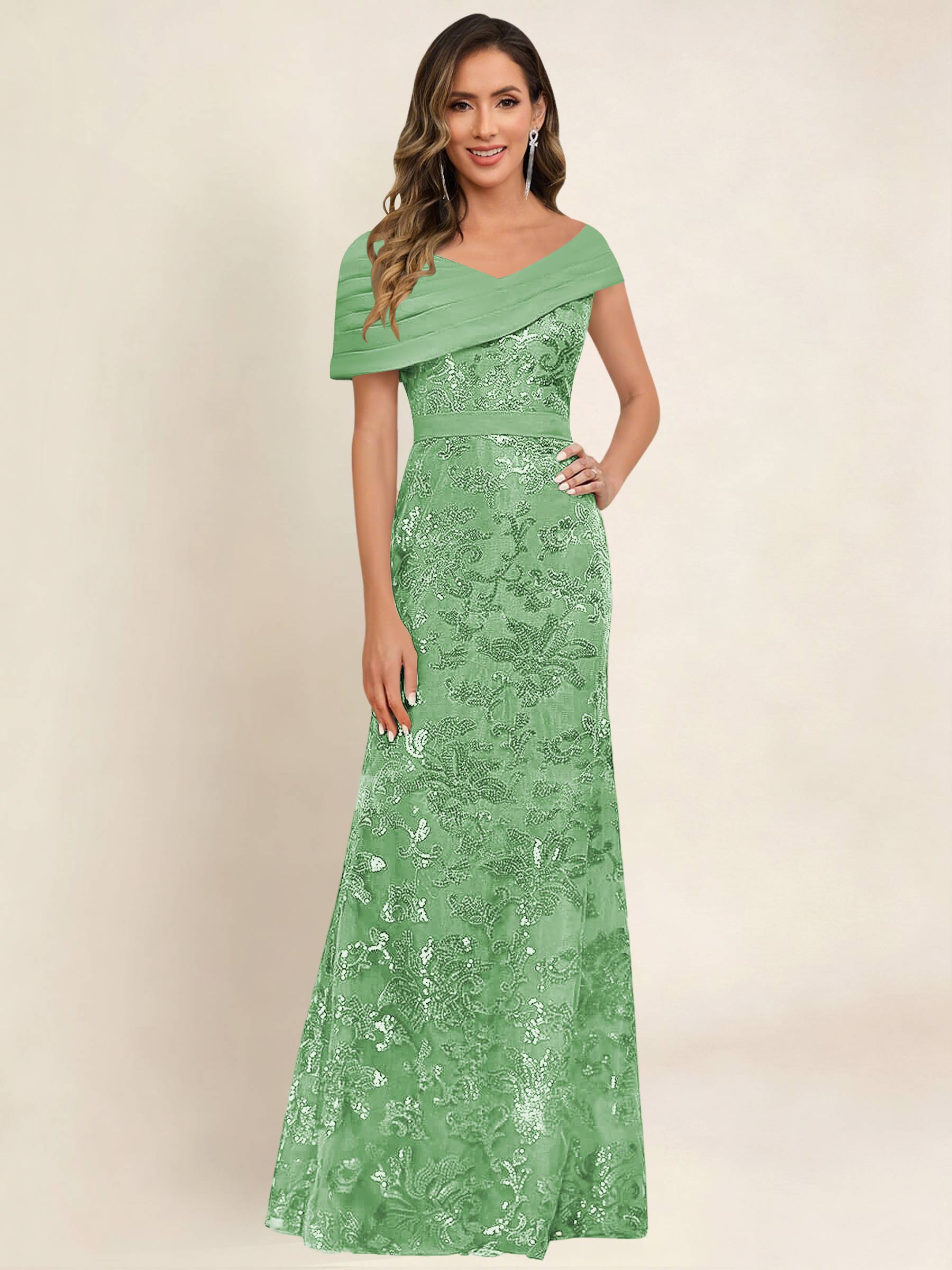 ROVDESY Off the Shoulder Sequin Mermaid Long Mother Of The Bride Dress Formal Gown