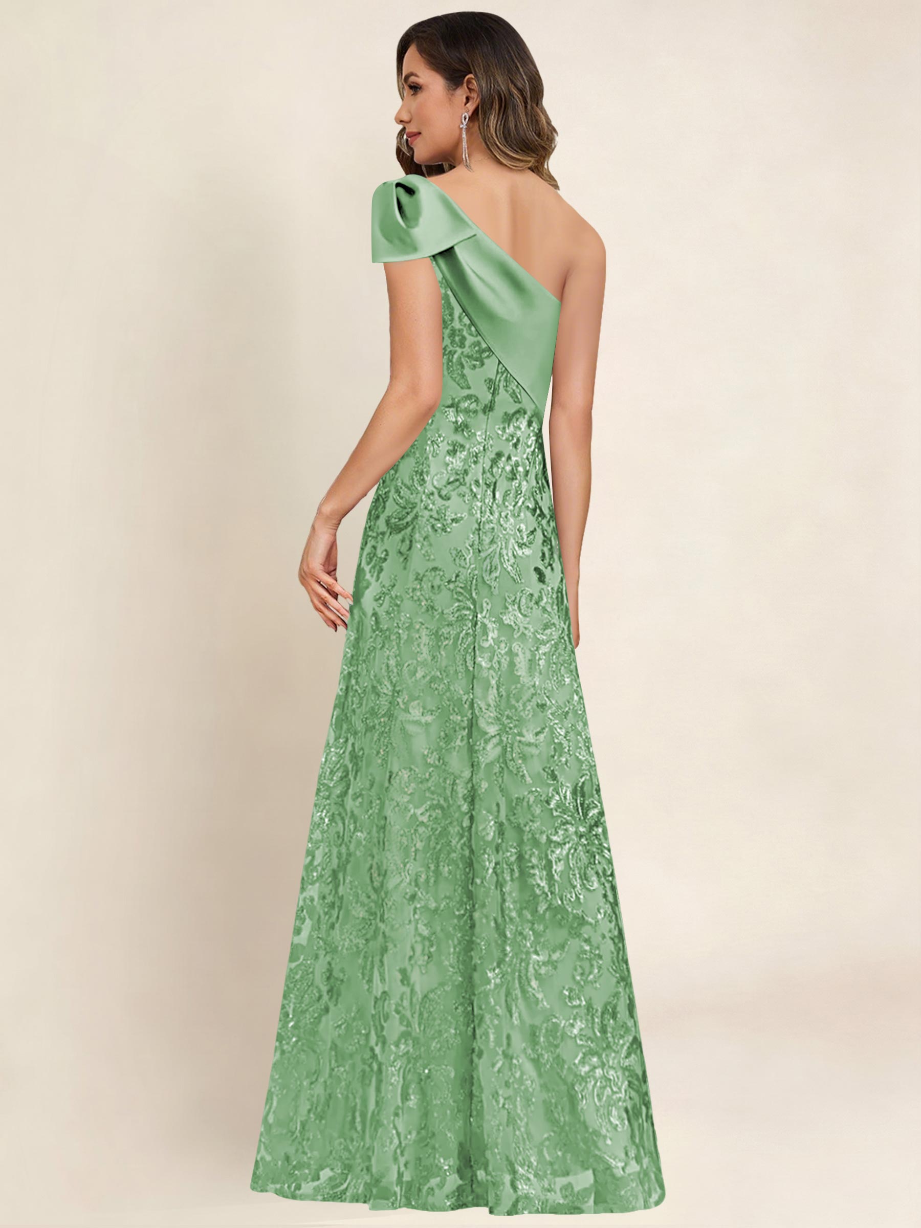 ROVDESY One Shoulder Sequin Mermaid Long Mother Of The Bride Dress Formal Gown With Bow