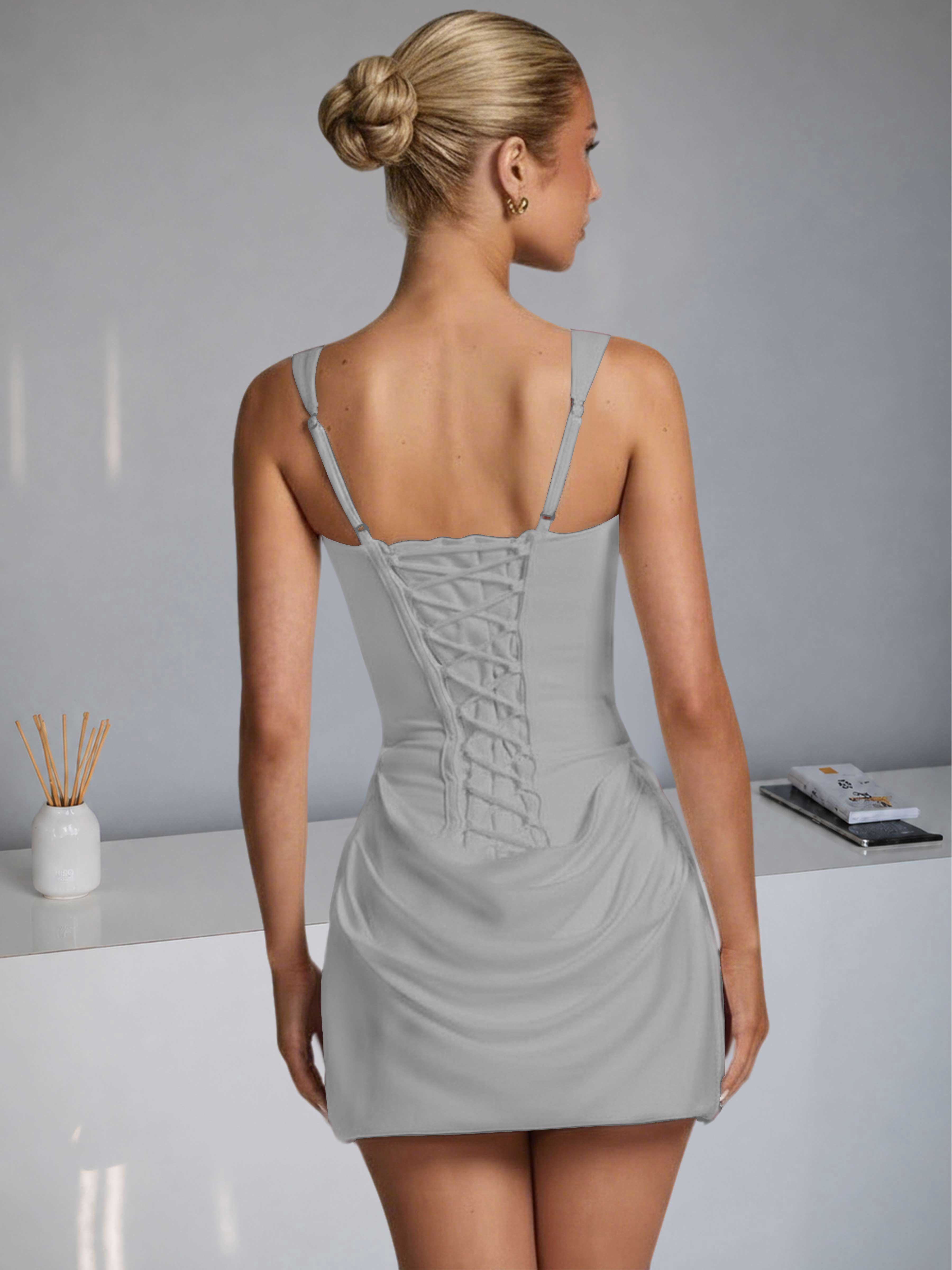 ROVDESY Square Neck Ruched Satin Homecoming Mini Dress