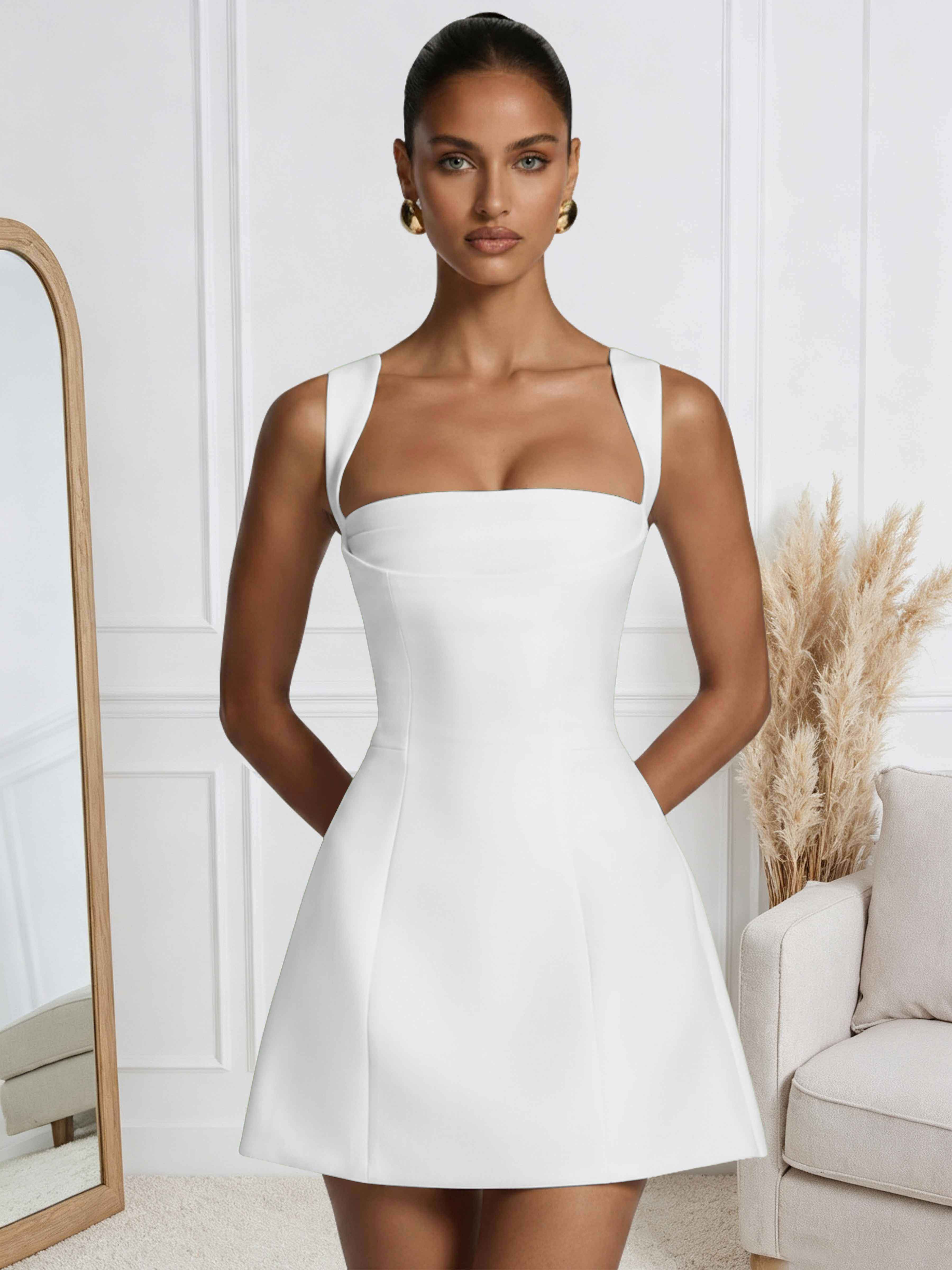 ROVDESY A-Line Square Neck Satin Homecoming Mini Dress