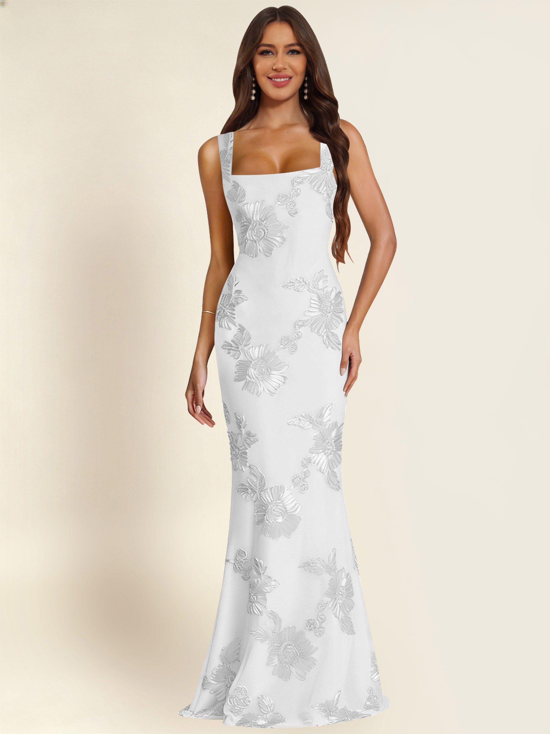 ROVDESY Square Neck Floral Applique Mermaid Long Prom/Bridesmaid Dress