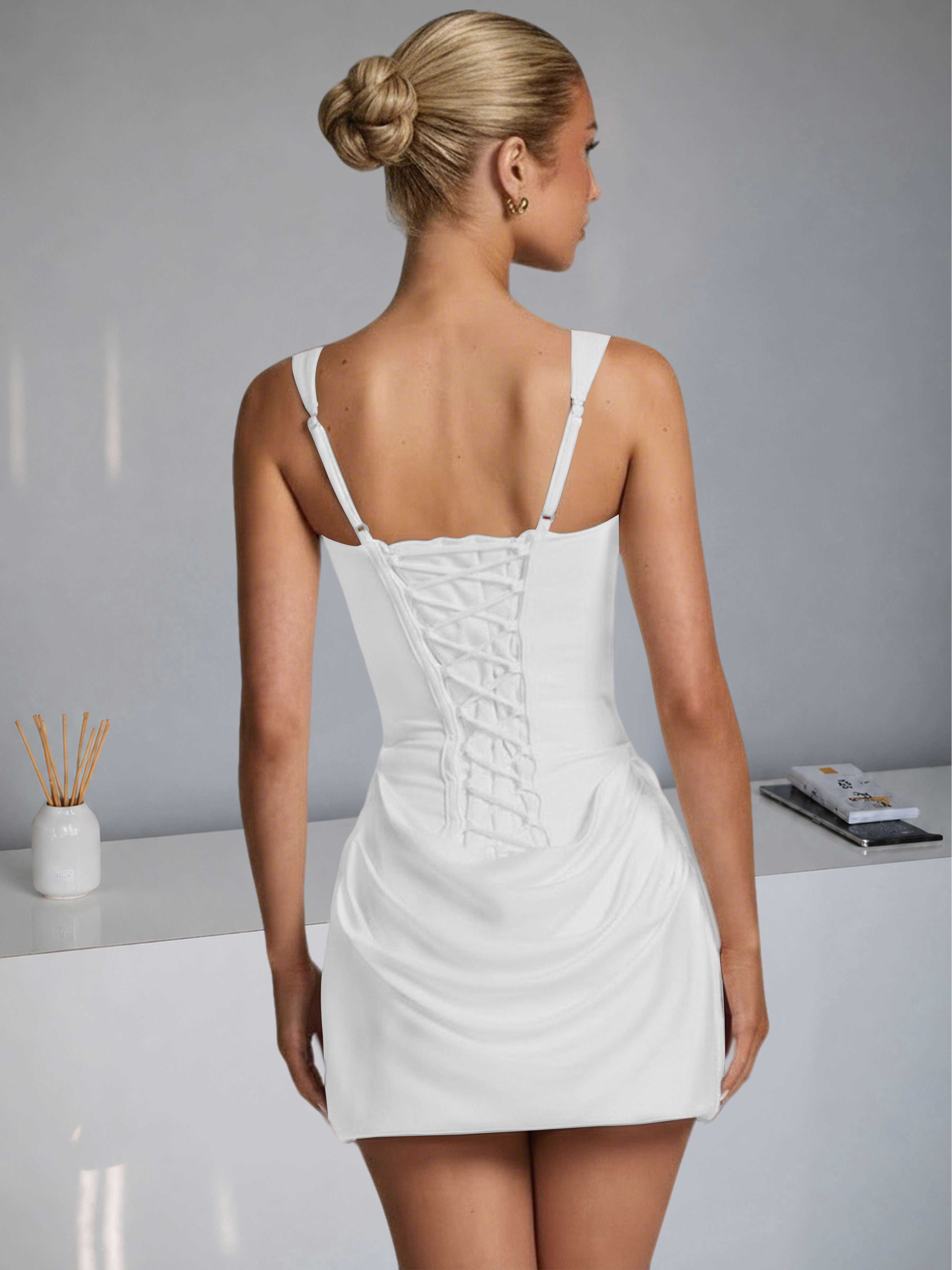 ROVDESY Square Neck Ruched Satin Homecoming Mini Dress