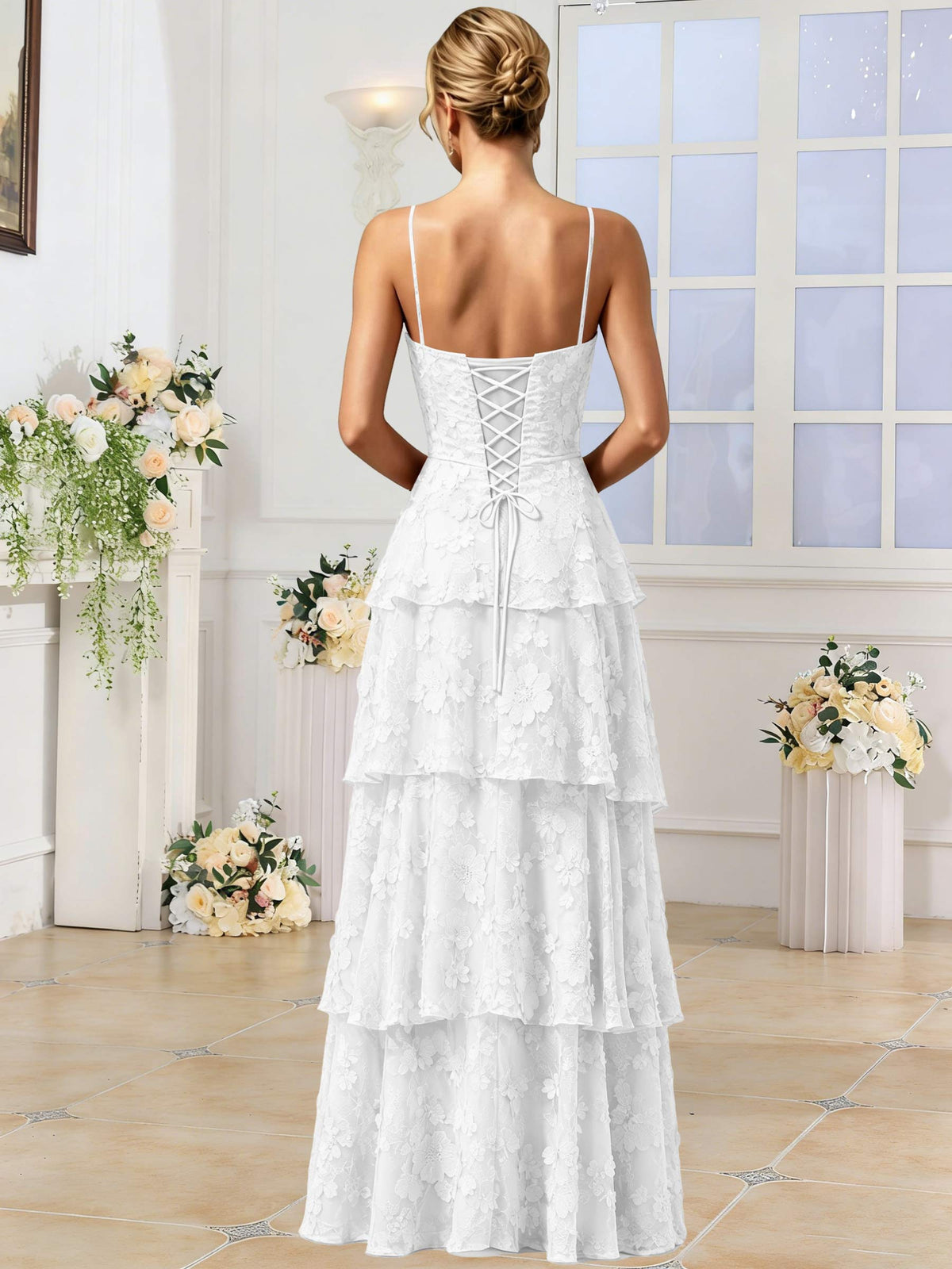 Spaghetti Strap 3D Floral Tiered Tulle Formal Prom Dress