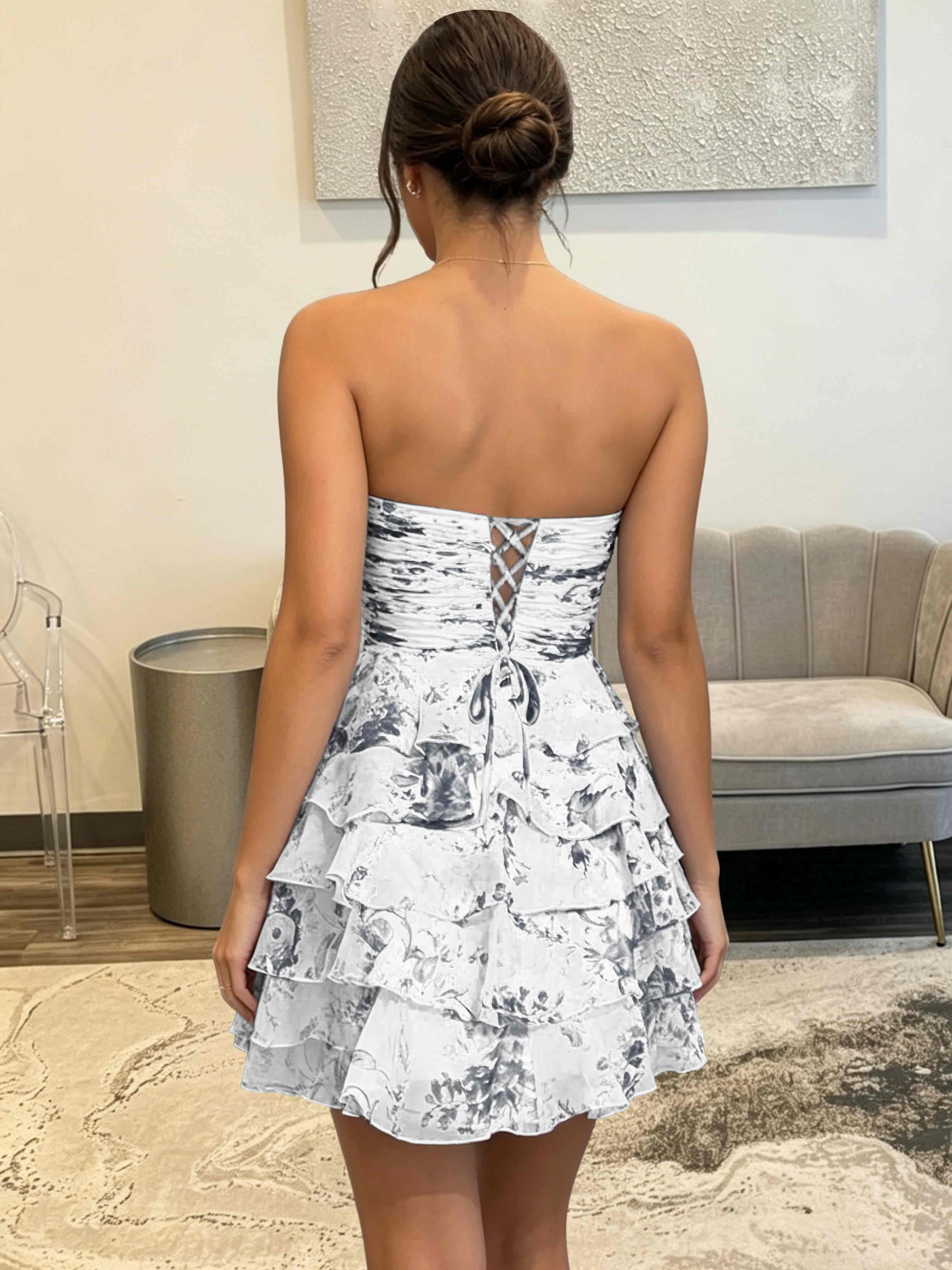 ROVDESY Strapless Tiered Ruffle Floral Print Chiffon Homecoming Mini Dress