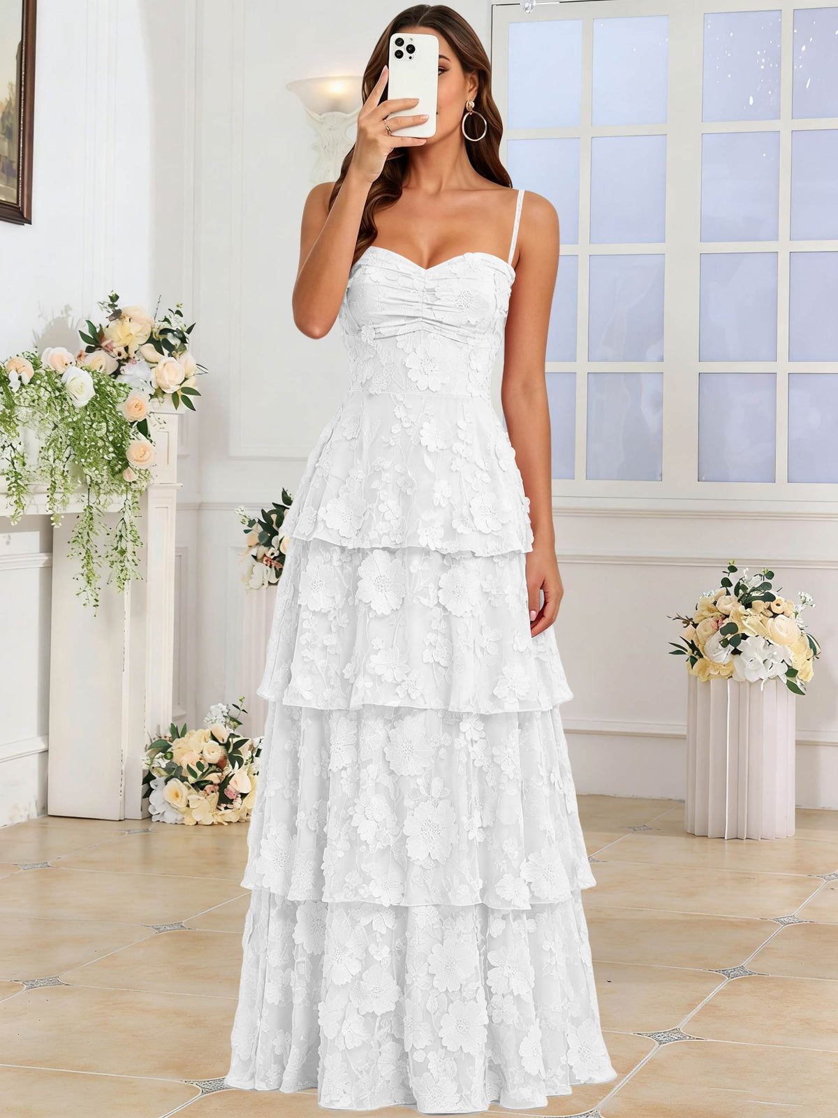 Spaghetti Strap 3D Floral Tiered Tulle Formal Prom Dress
