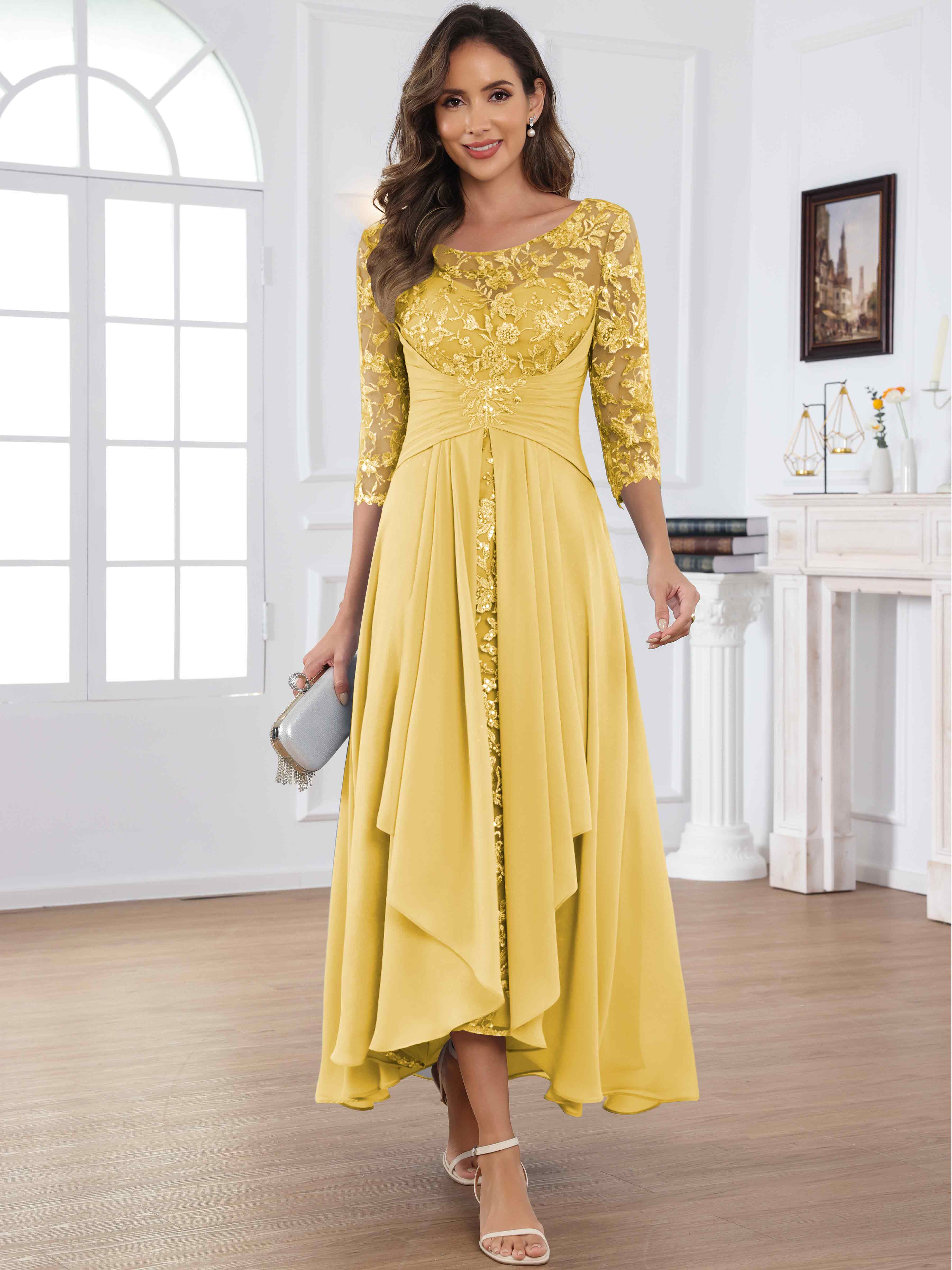 ROVDESY Tea Length Lace Chiffon Mother of The Bride Dress with 3/4 Sleeves