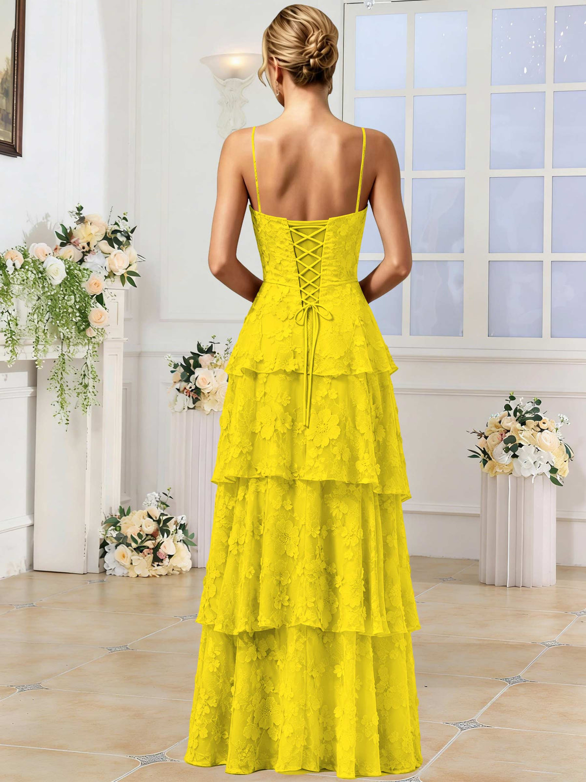Spaghetti Strap 3D Floral Tiered Tulle Formal Prom Dress