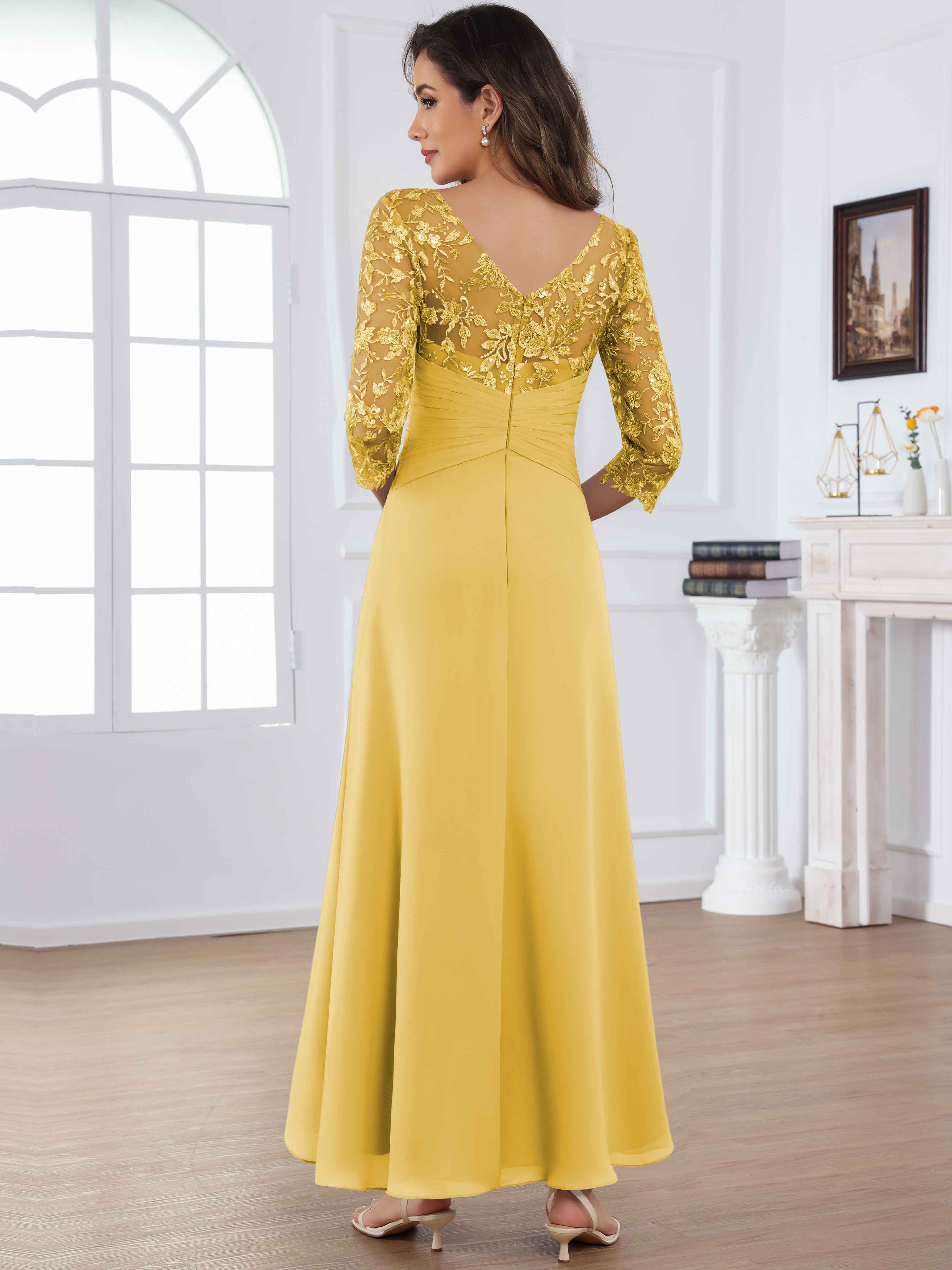 ROVDESY Tea Length Lace Chiffon Mother of The Bride Dress with 3/4 Sleeves