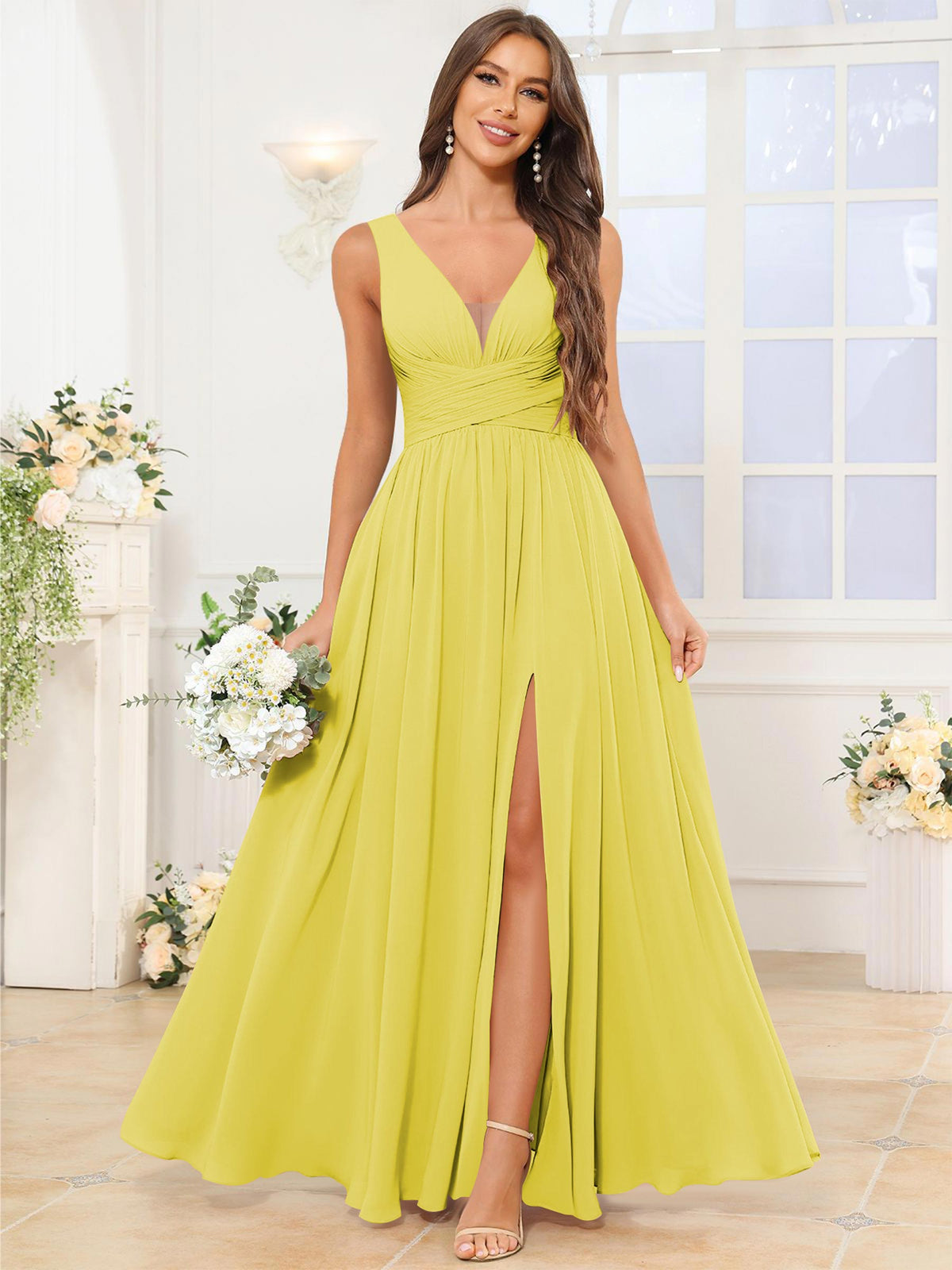 V Neck Chiffon A Line Bridesmaid Dress with Slit