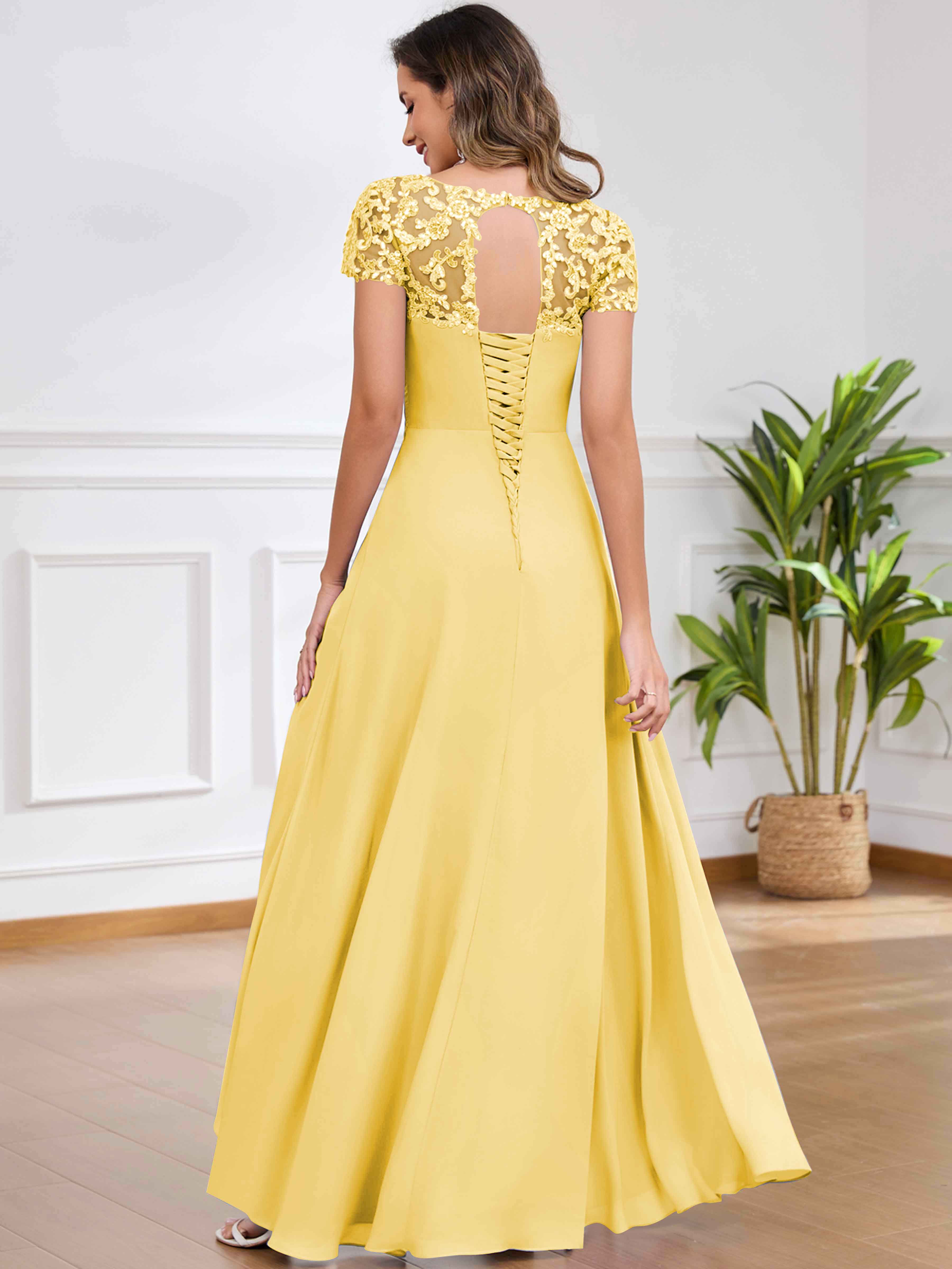 ROVDESY A-Line Pleated Lace Sequin Ruffle Chiffon Mother Of The Bride Dress With Slit