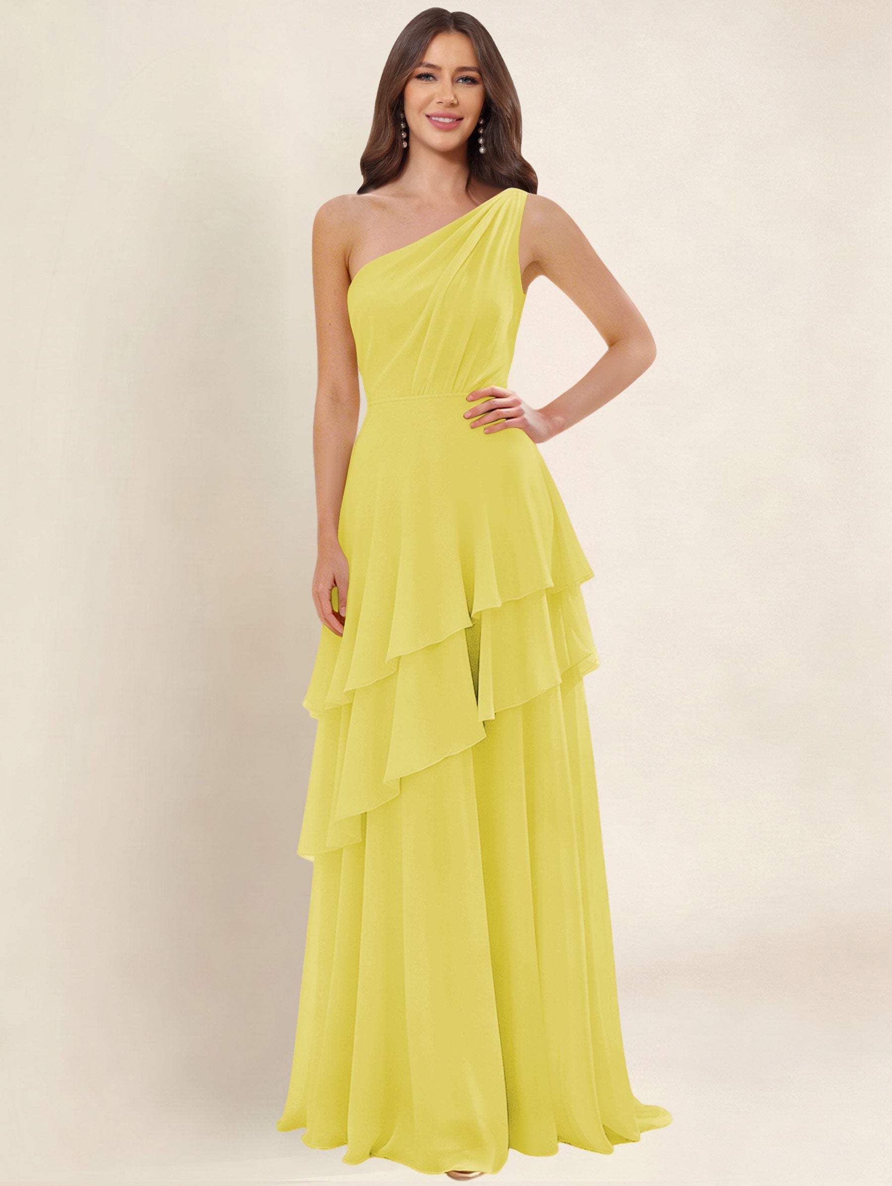 ROVDESY A-Line One Shoulder Pleated Tiered Chiffon Bridesmaid Dress