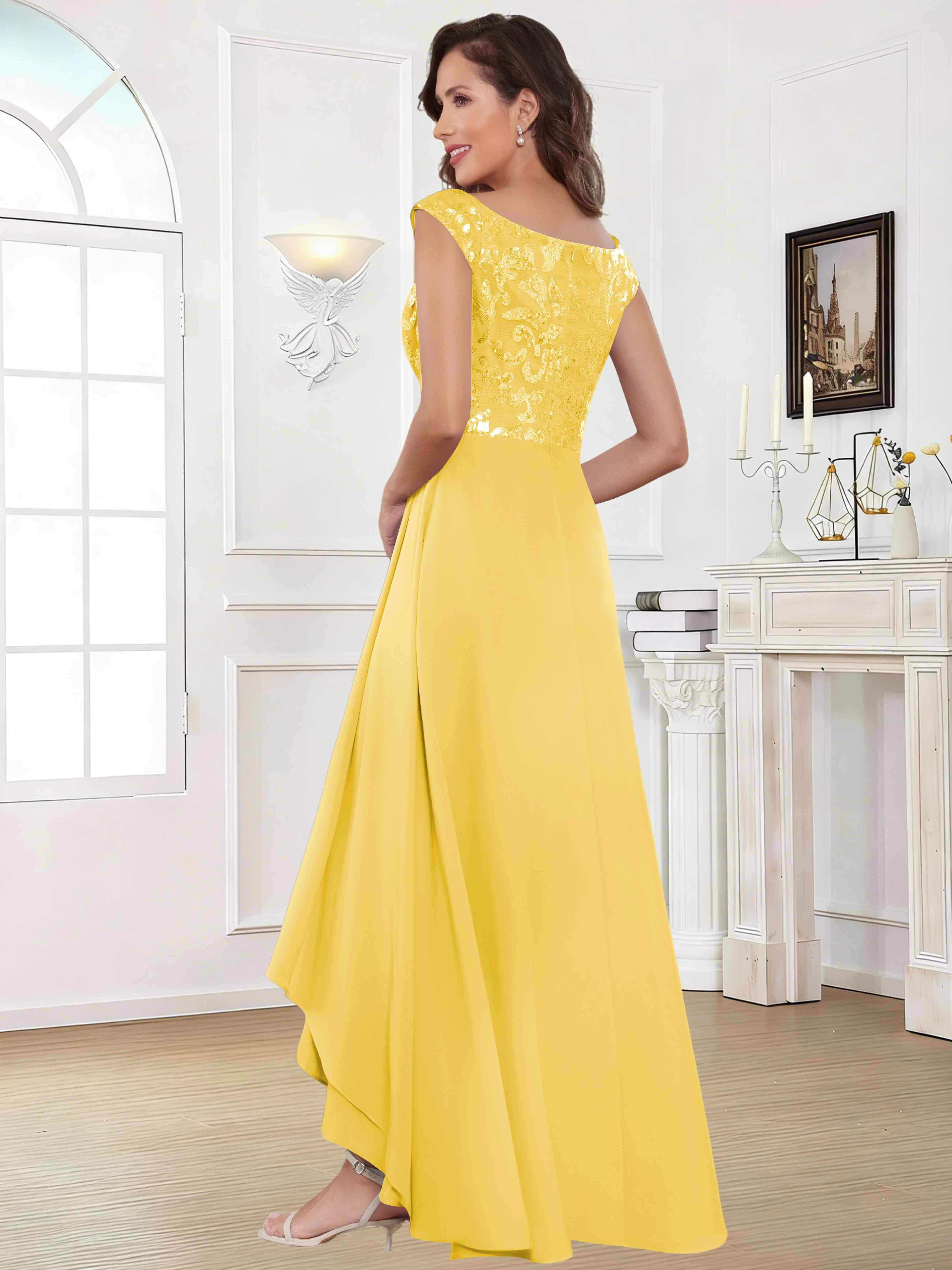ROVDESY Tea Length Off-The-Shoulder Sequin Chiffon Mother Of The Bride Dress