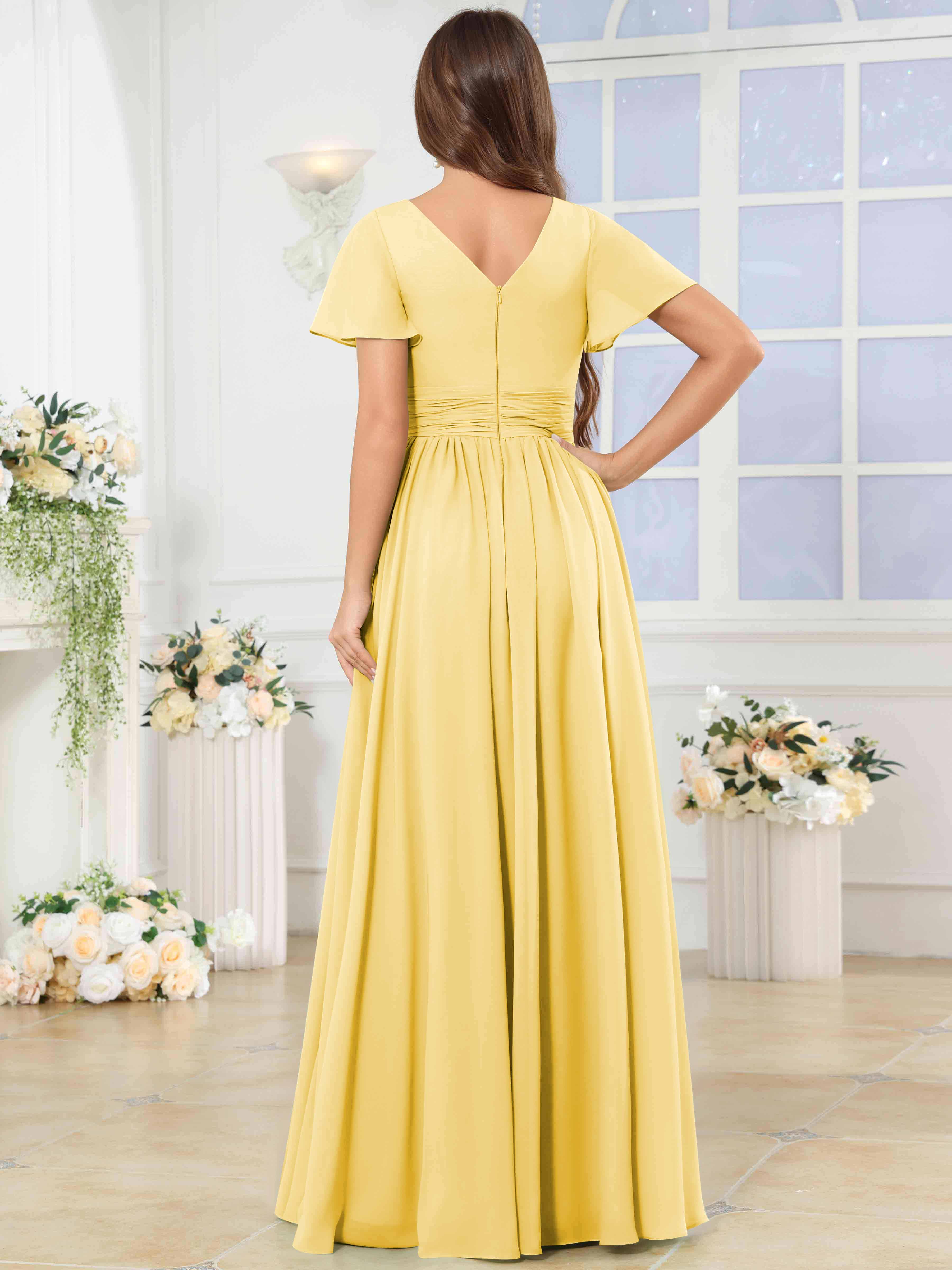 ROVDESY A-Line V-Neck Slit Pleated Ruffle Chiffon Bridesmaid Dress With Short Sleeves