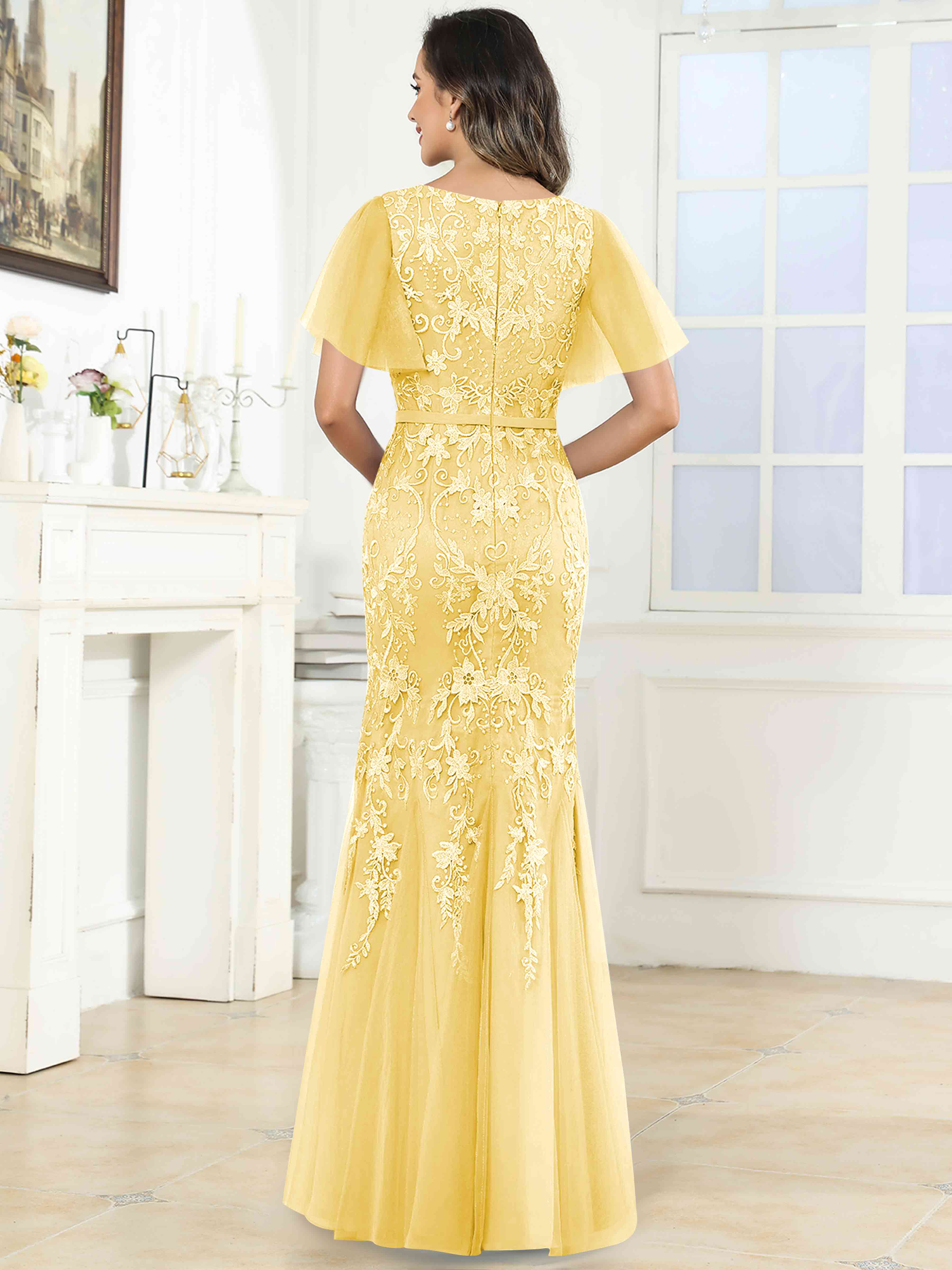 ROVDESY Elegant V-Neck Lace Mermaid Long Mother Of The Bride Dress Formal Gown With Sleeves