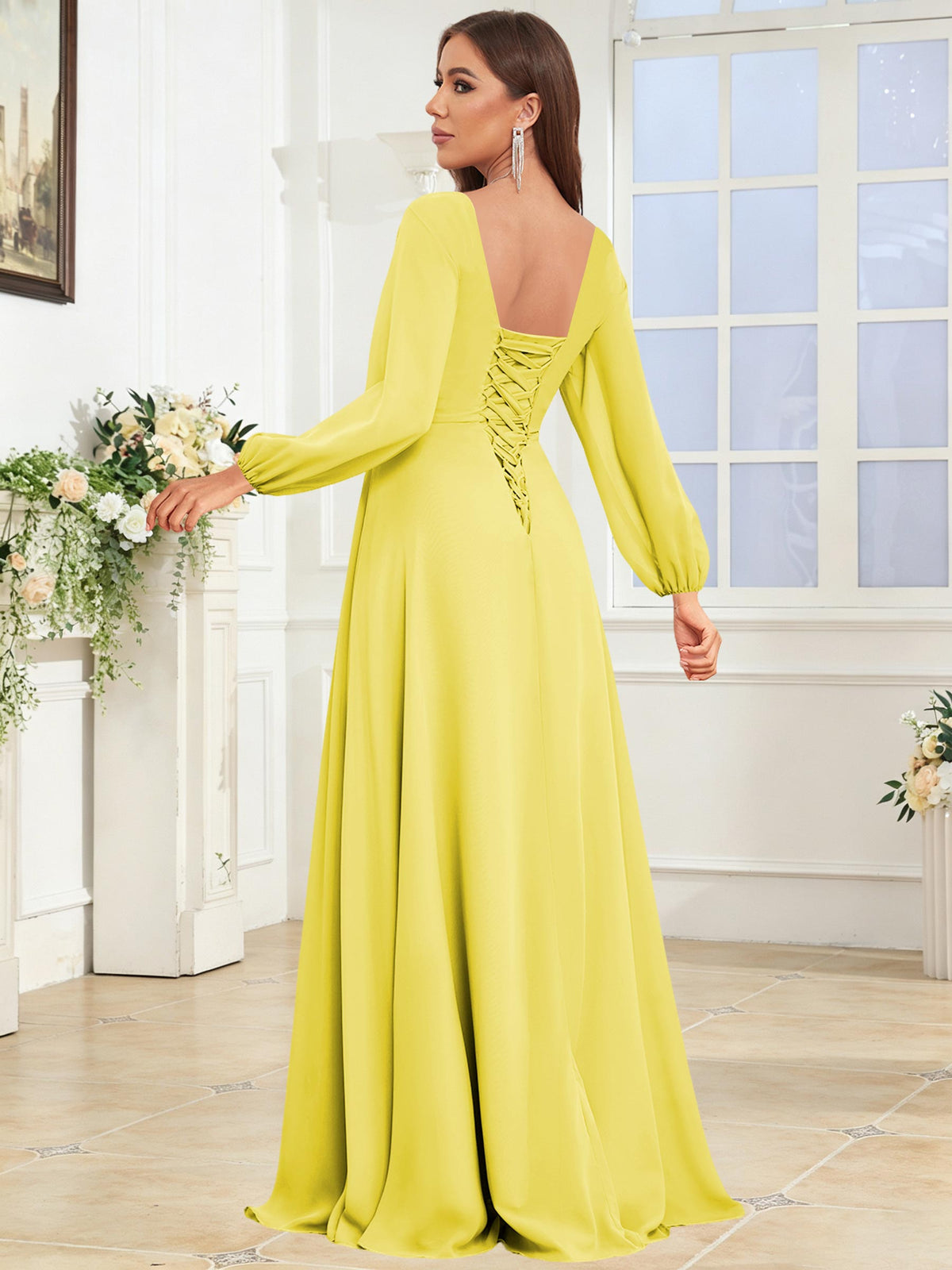 V Neck Chiffon Long Sleeve Bridesmaid Dresses with Slit