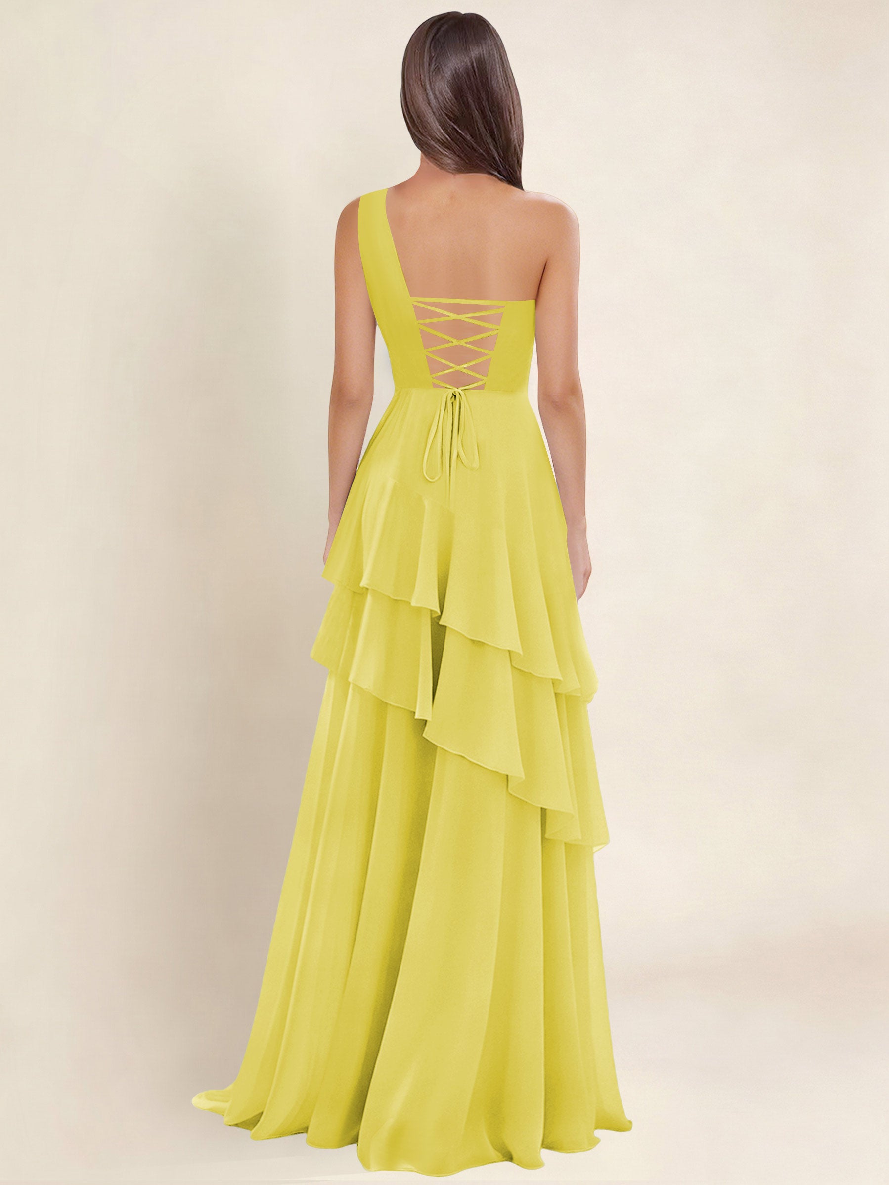 ROVDESY A-Line One Shoulder Pleated Tiered Chiffon Bridesmaid Dress