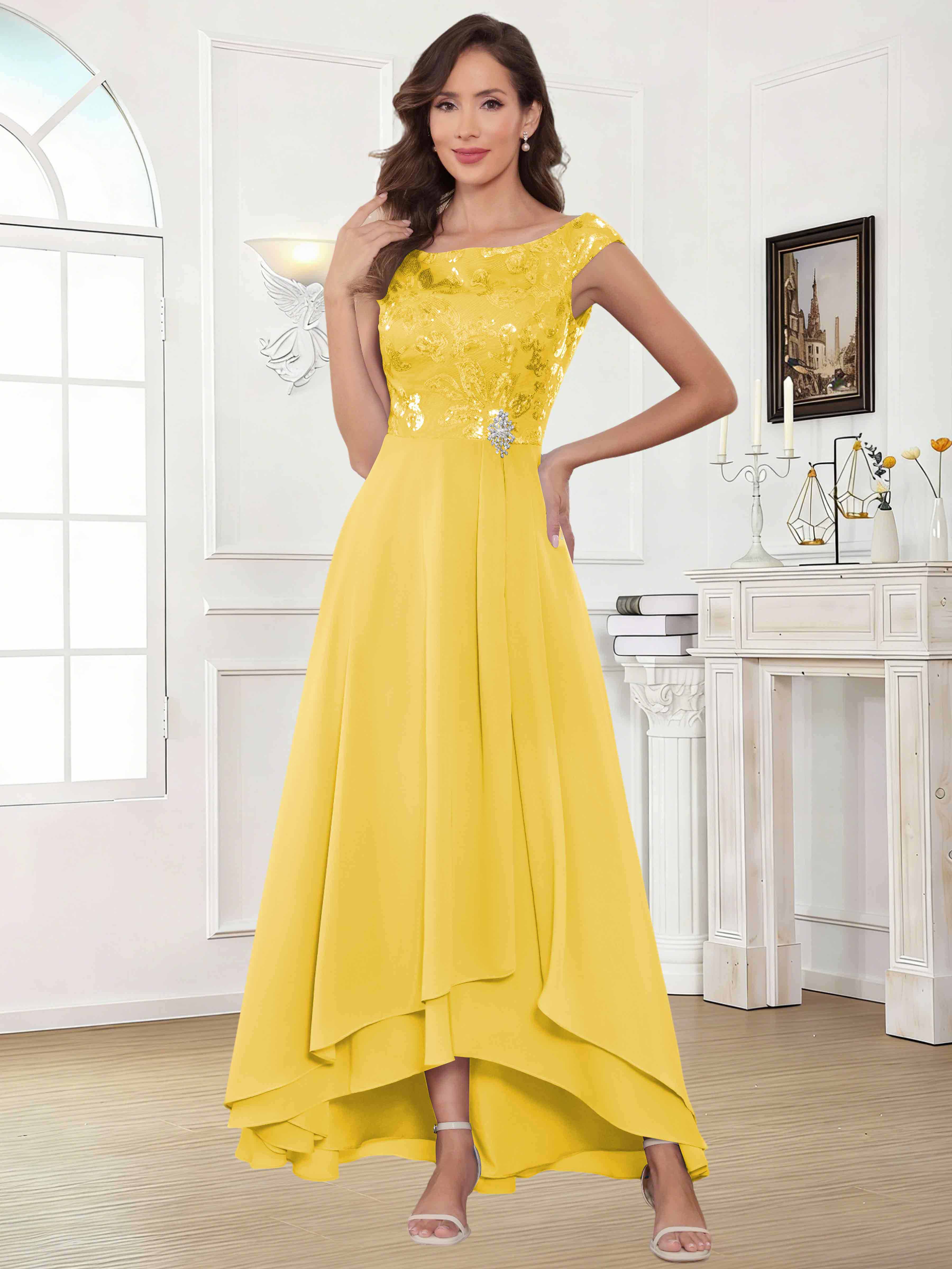 ROVDESY Tea Length Off-The-Shoulder Sequin Chiffon Mother Of The Bride Dress