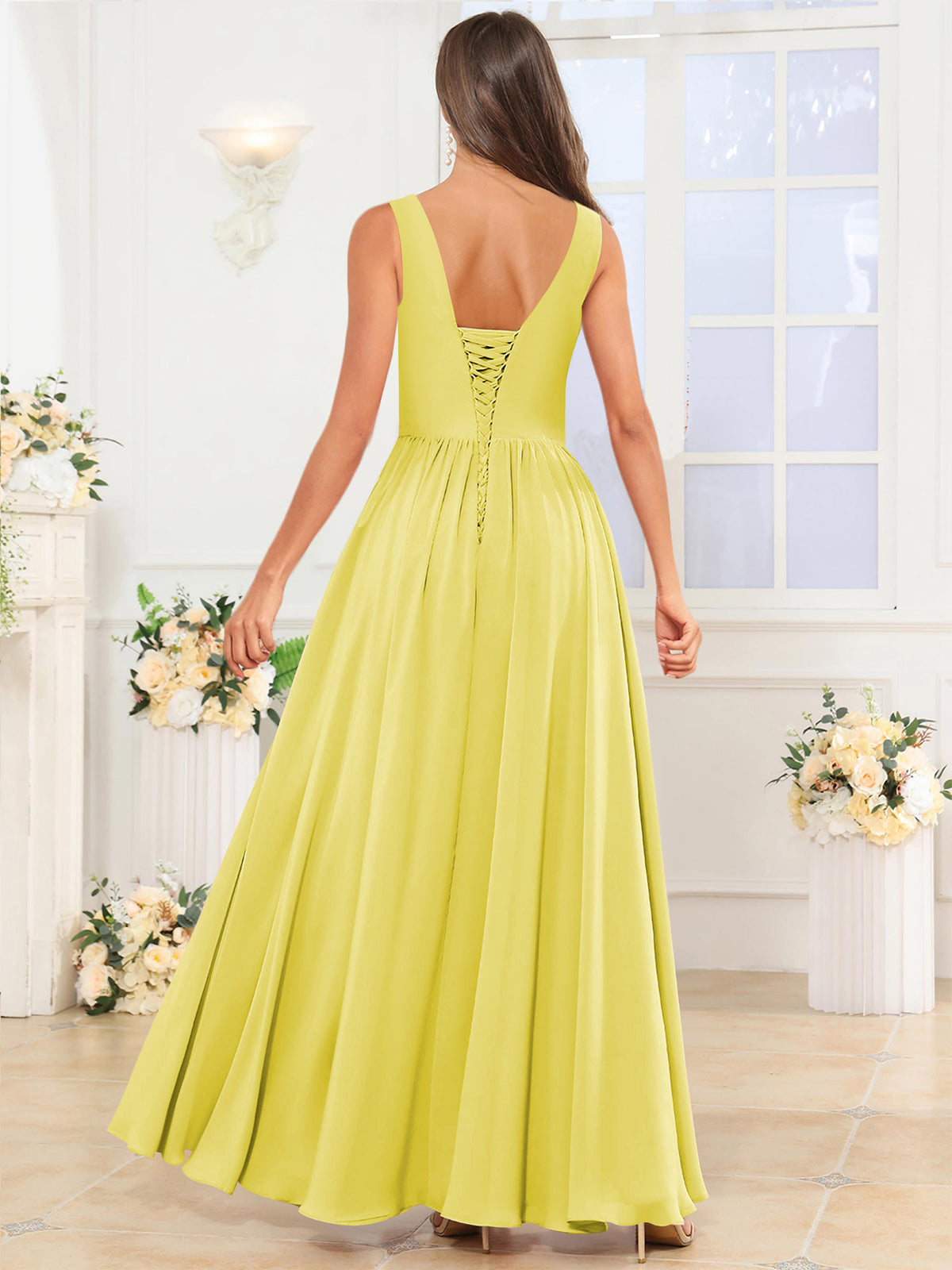 V Neck Chiffon A Line Bridesmaid Dress with Slit