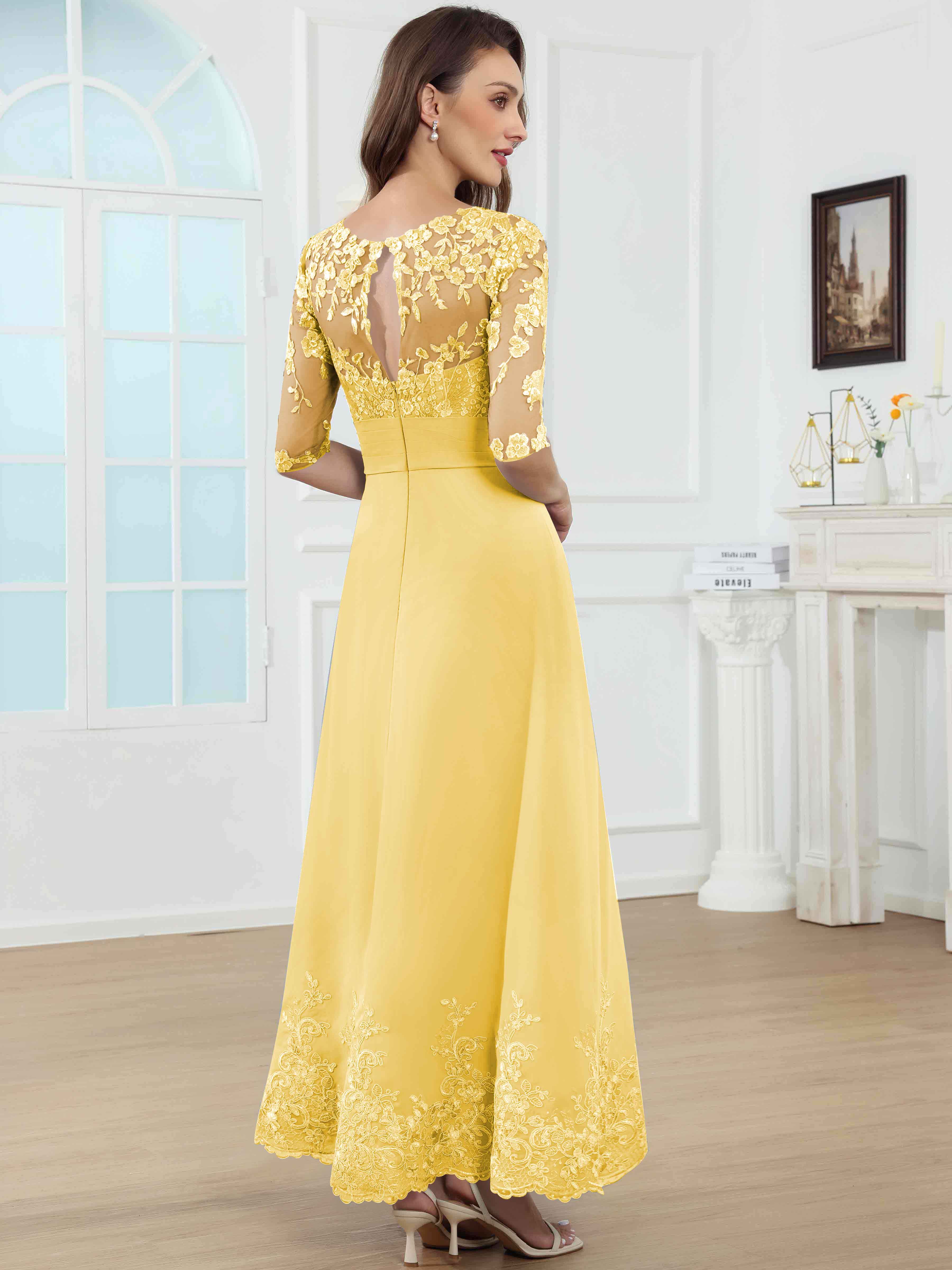 ROVDESY A-Line Lace Sequin Pleated Chiffon Mother Of The Bride Dress With Half Sleeves