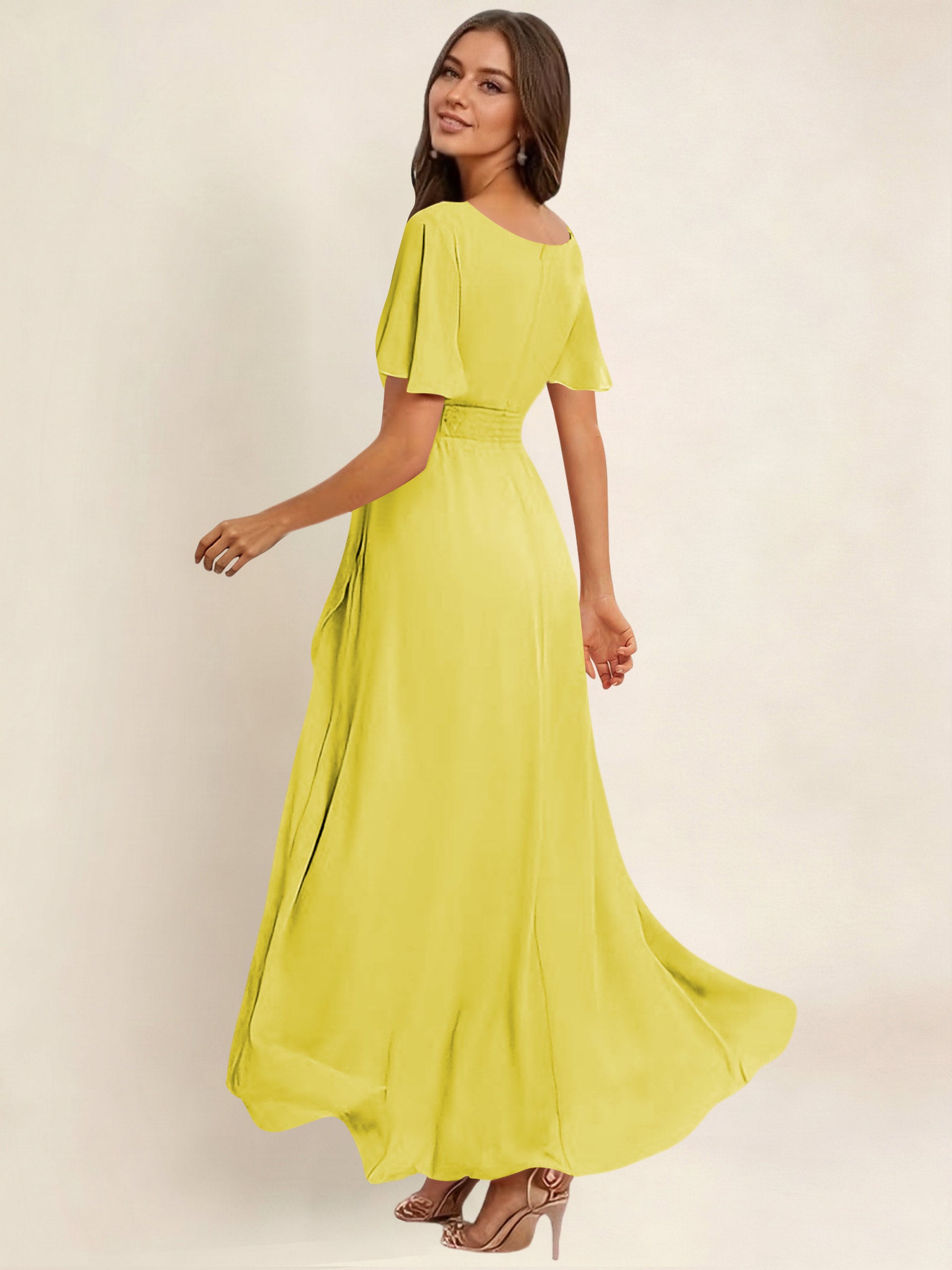 ROVDESY A-Line High Low Round Neck Pleated Ruffle Chiffon Bridesmaid Dress With Short Sleeves