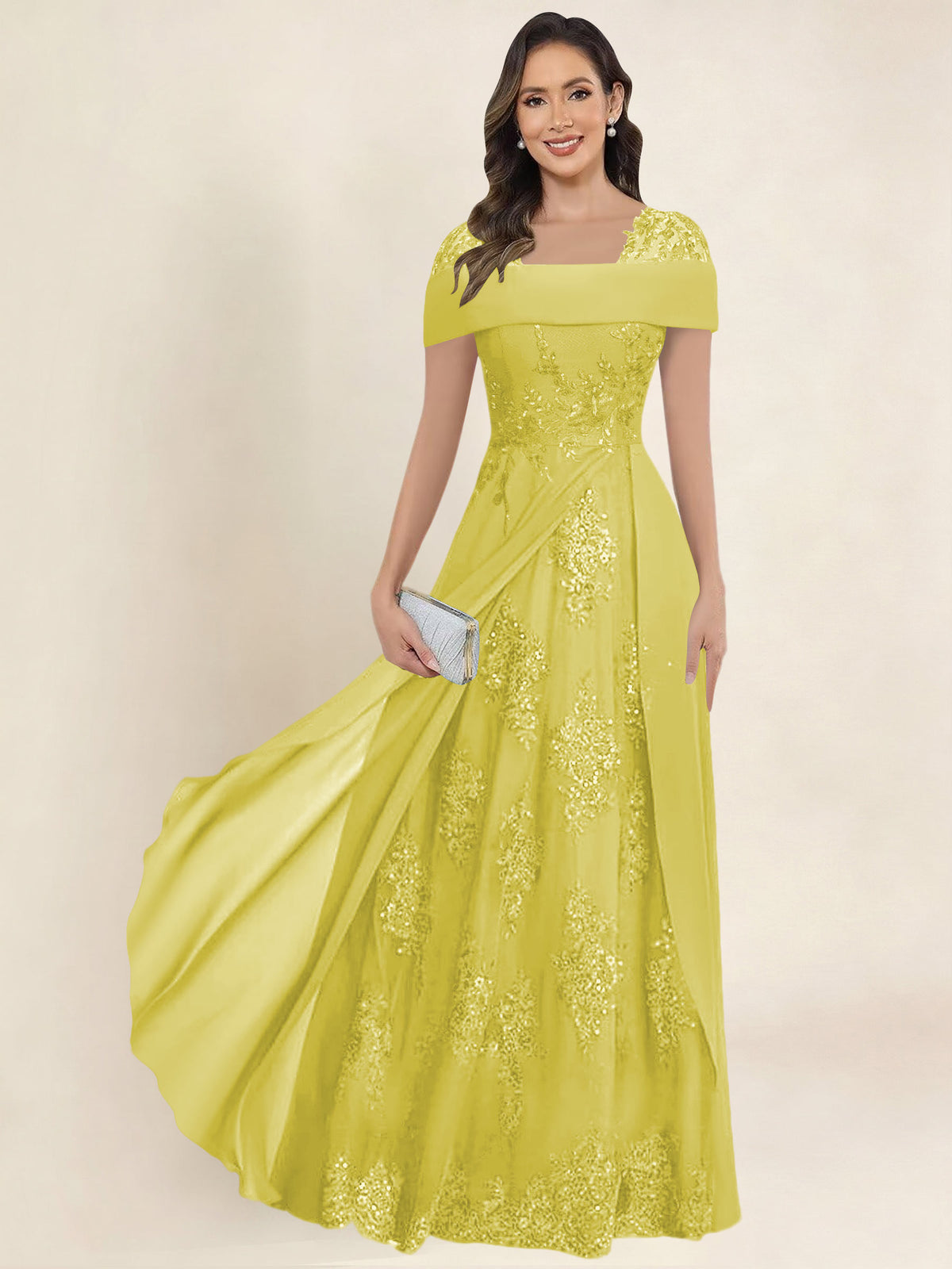 ROVDESY A-Line Off The Shoulder Lace Chiffon Long Mother of the Bride Dress Formal Gown