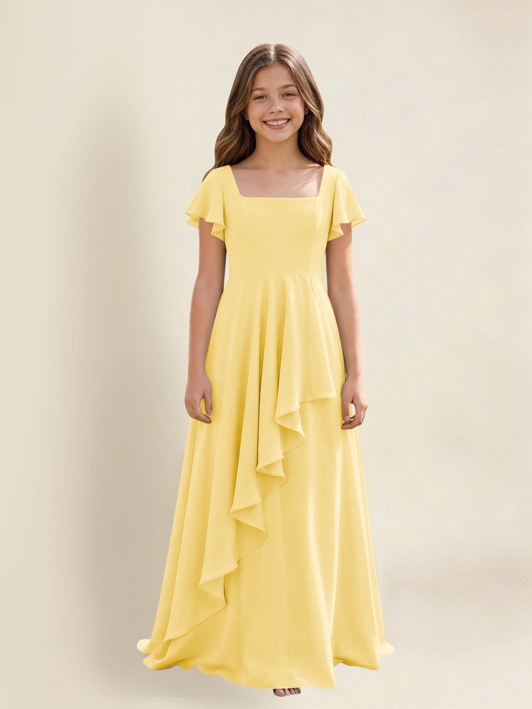 ROVDESY A-Line Square Neck Ruffle Chiffon Junior Bridesmaid Dress With Short Sleeves