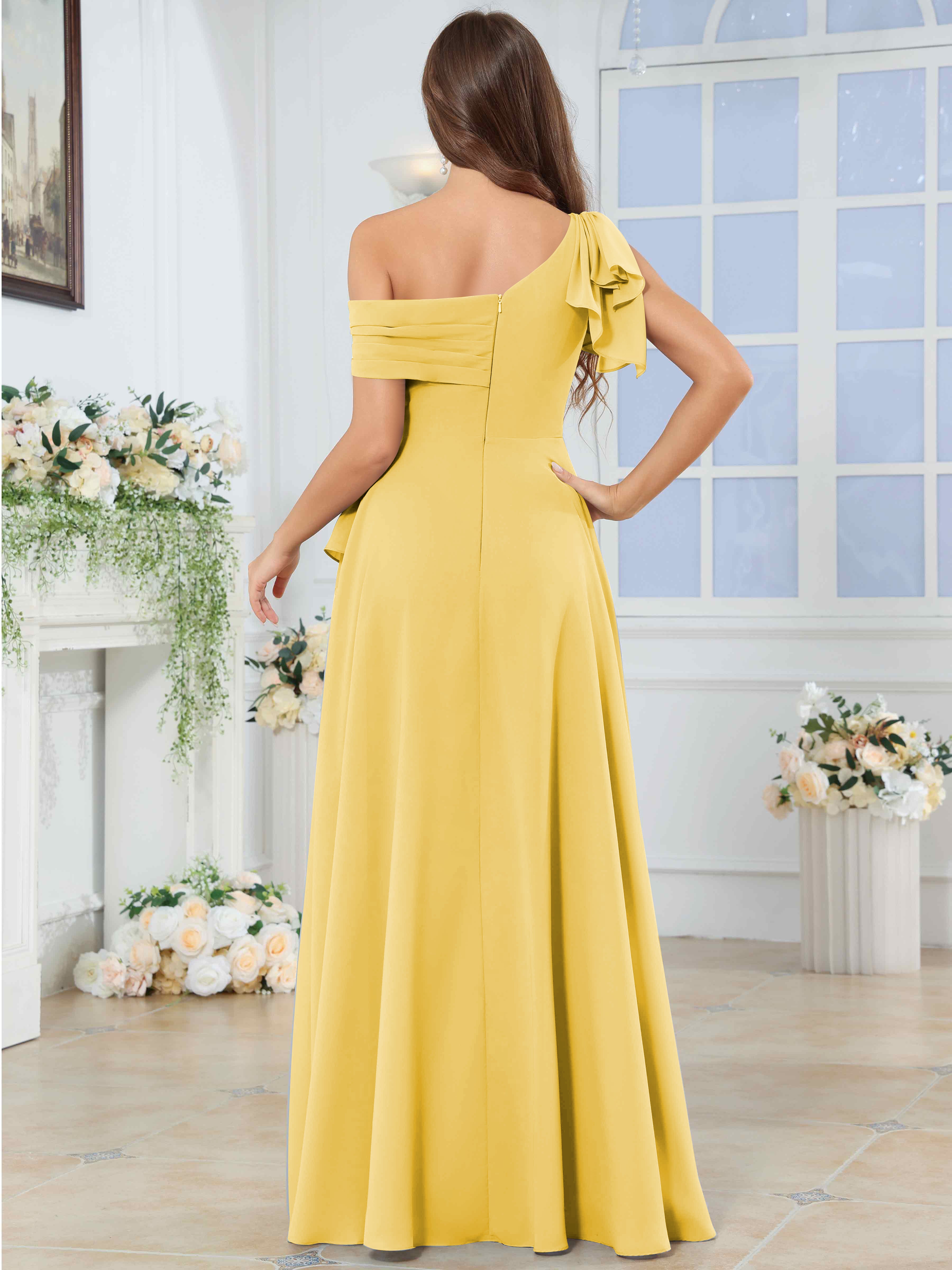 ROVDESY One Shoulder Pleated Ruffle Chiffon Bridesmaid Dress With Slit