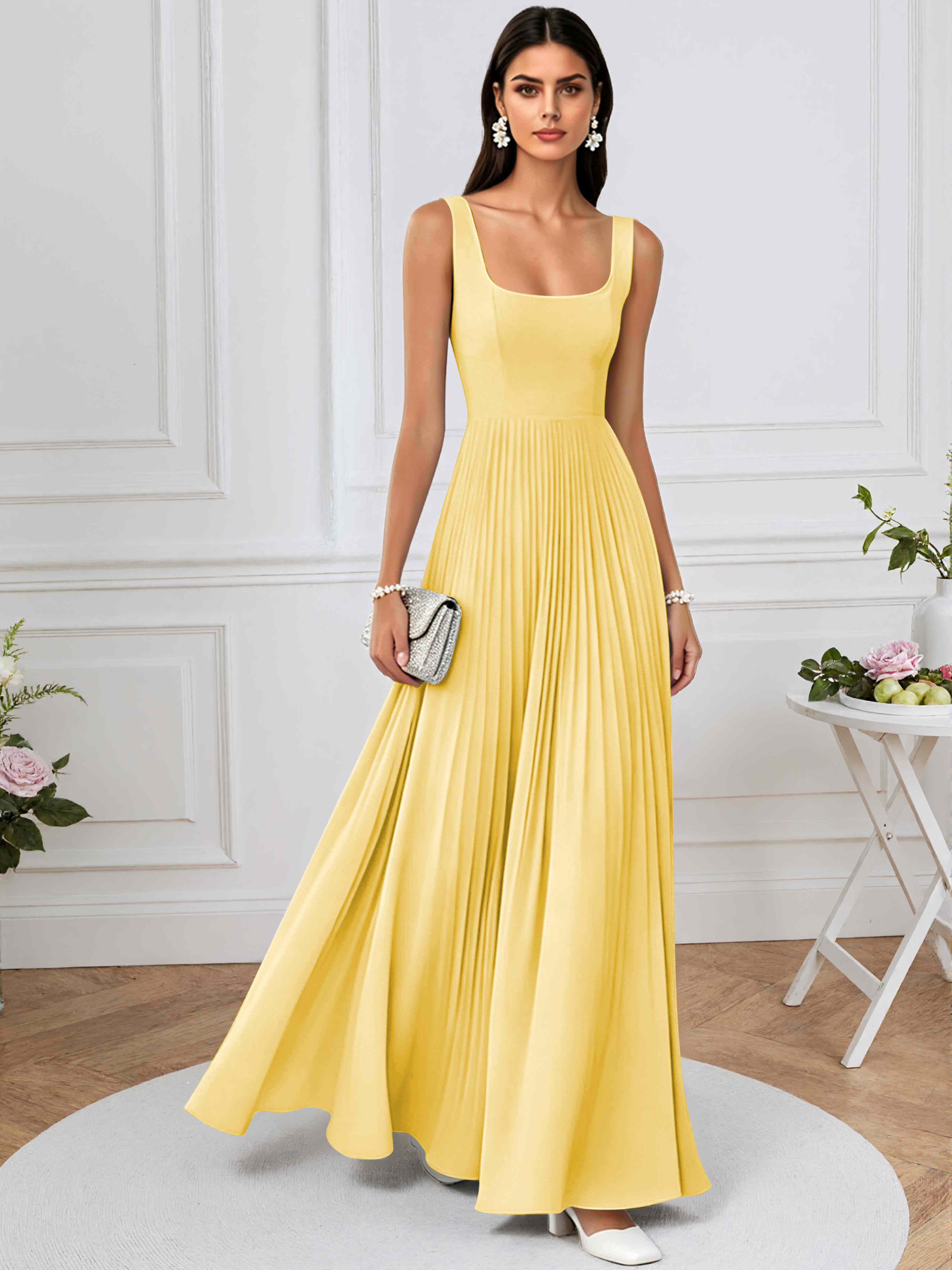 ROVDESY A-Line Square Neck Pleated Chiffon Long Bridesmaid/Prom Dress