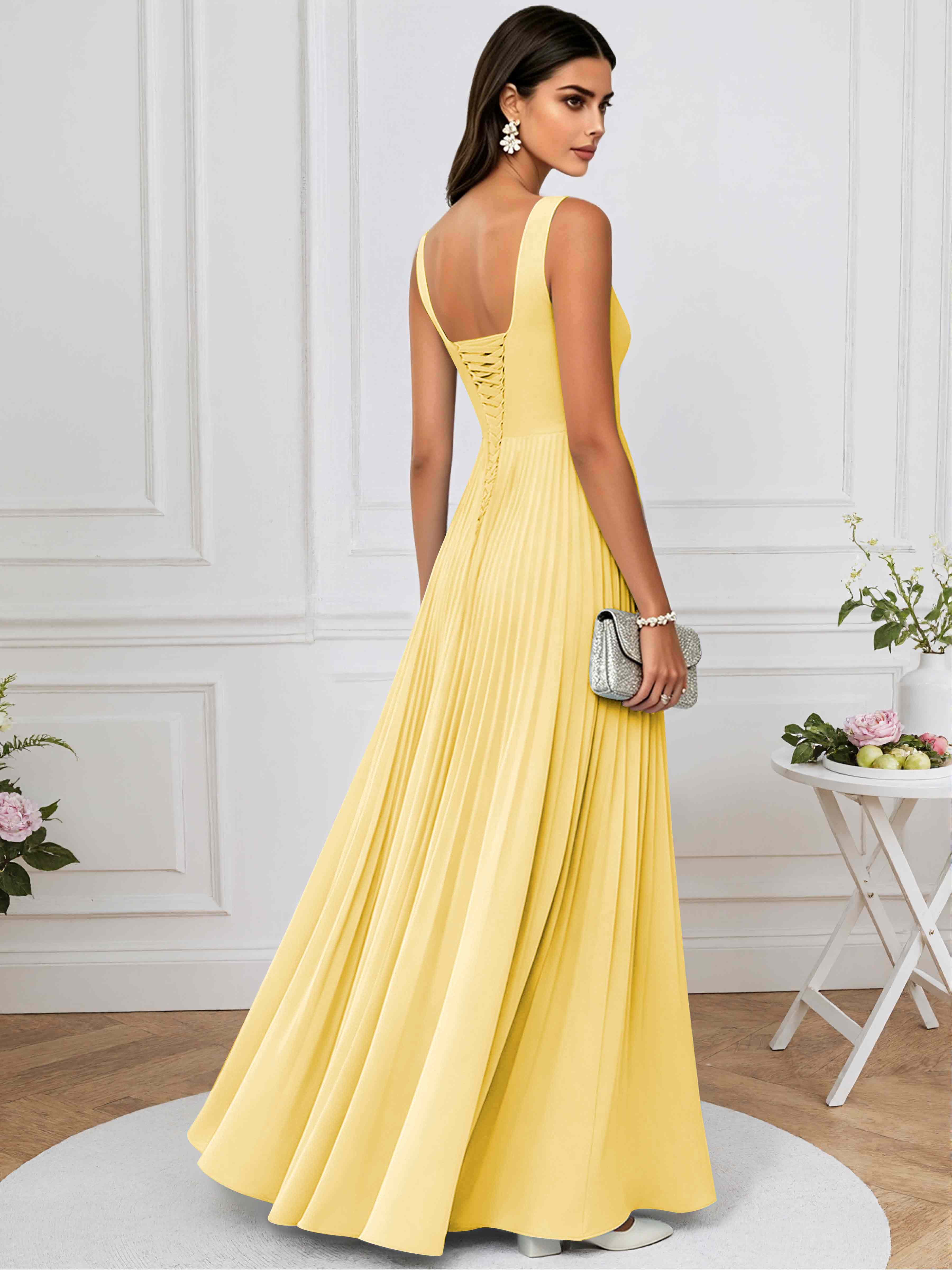 ROVDESY A-Line Square Neck Pleated Chiffon Long Bridesmaid/Prom Dress